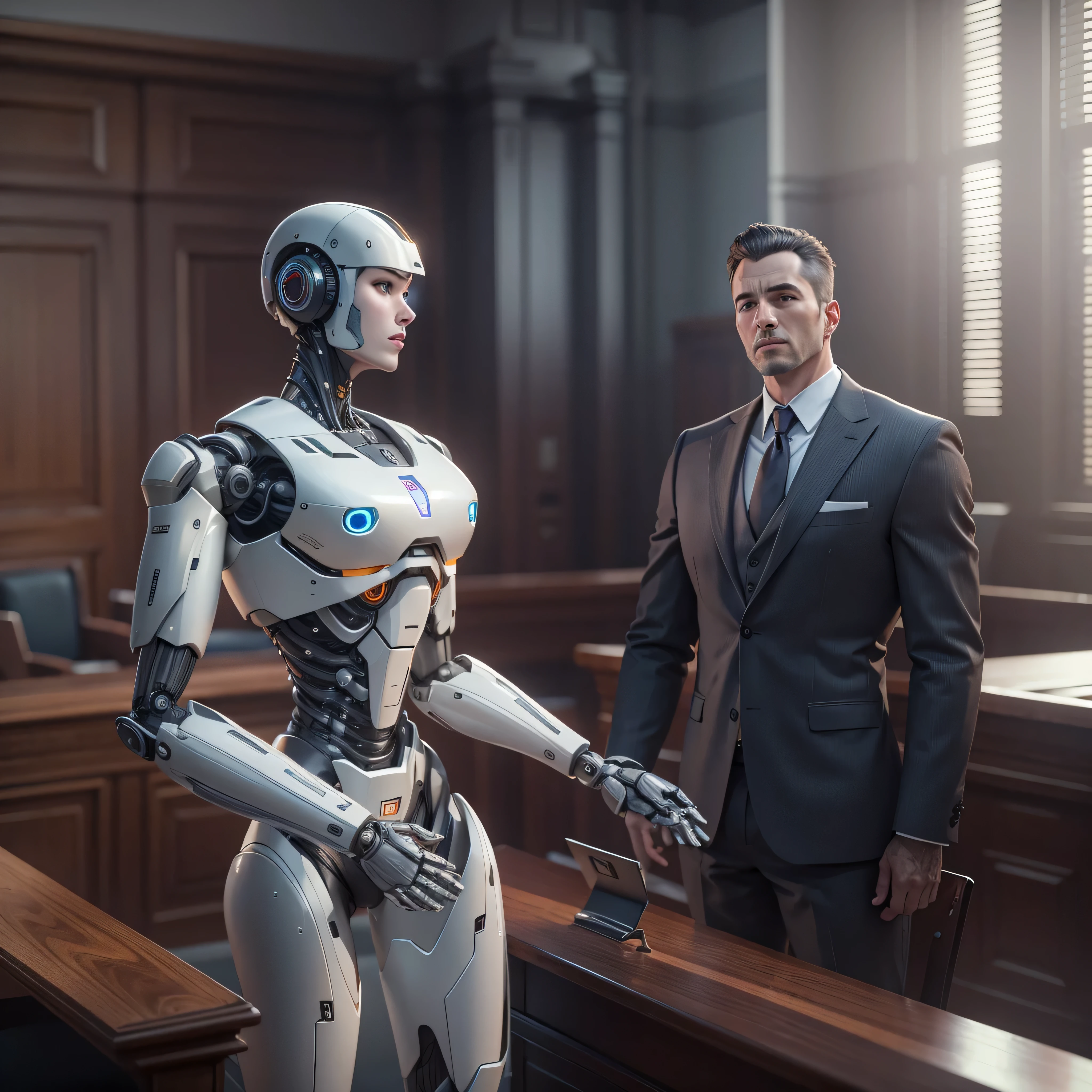 An artificial intelligence Lawyer robot, in a courtroom, and the robot is wearing a three piece suit, photo-realistic, octane render, unreal engine, ultra-realistic