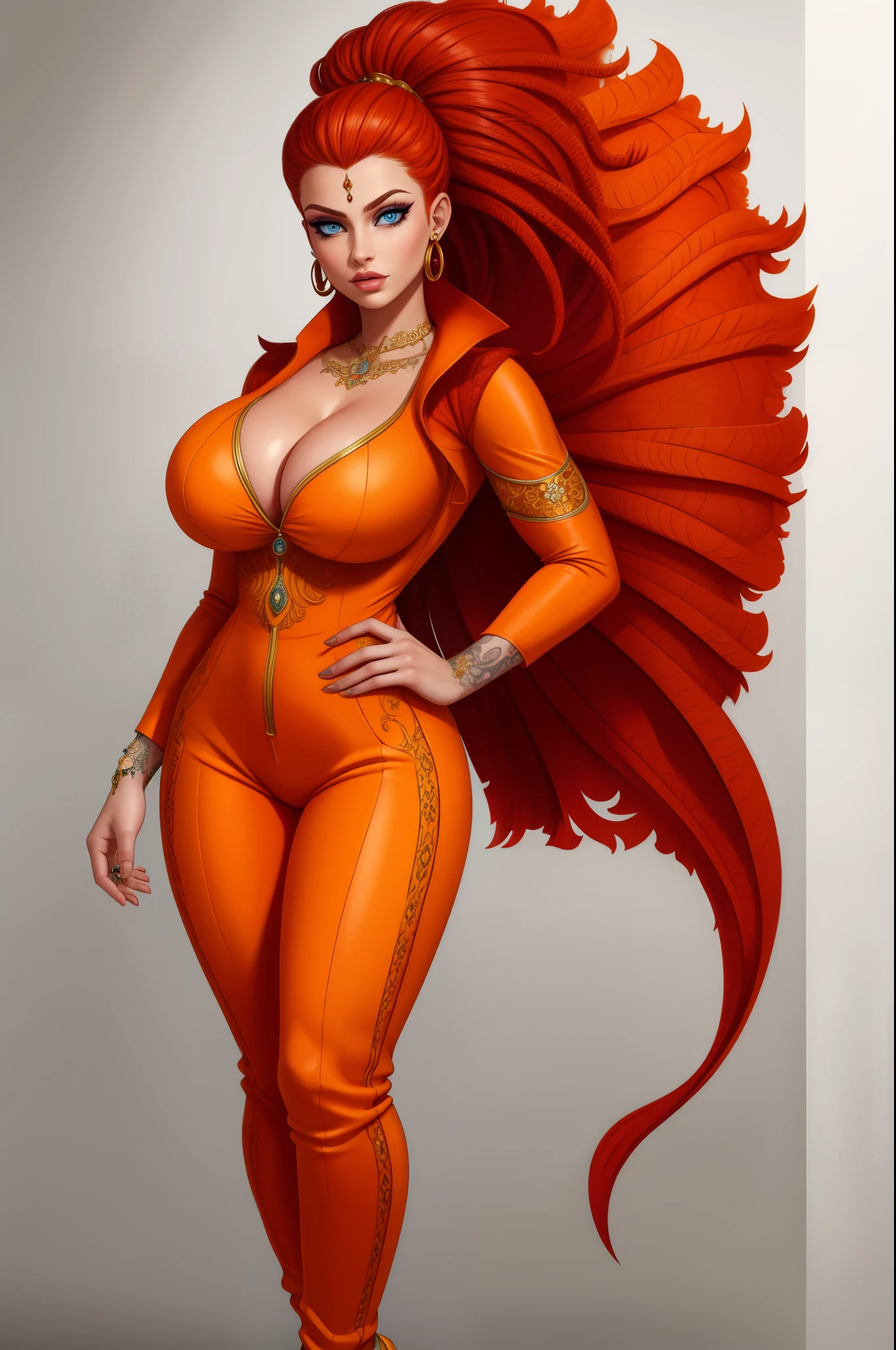 nose piercing, standing, jewelry, orange jumpsuit (insanely detailed, beautiful detailed face, masterpiece, best quality), , piercing blue eyes, full body shot, blank background, white background, red hair, elaborate tattoos