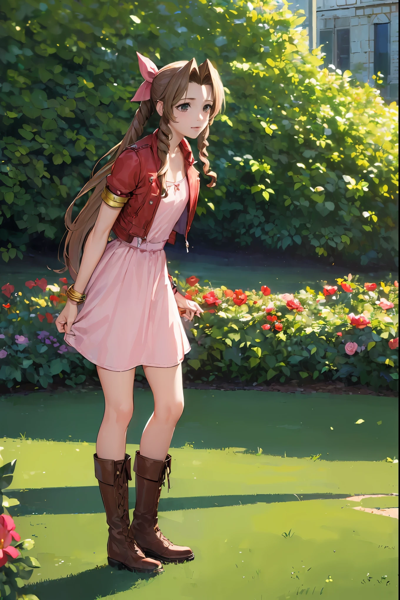 (masterpiece:2.0), solo, ((((aerith gainsborough, red cropped jacket, hair bow, bracelet, pink dress, brown boots)))), , from_side, cowboy shot, squatting with knees close together,flower , (finely detailed:1.7), (beautiful and clear background), ((outdoors, A beautiful garden bursting with flowers of various colors)) , (shiny_skin:1.3), nice hands, perfect hands, smile, , extremely and best quality, extremely and ultra detailed, beautiful detailed eyes, Very detailed CG unified 8k wallpaper, extremely detailed CG unity 8k wallpaper, extremely detailed CG unity 8k, extremely delicate and beautiful girl, ultra-detailed, (perfect anatomy), (high detail), (high quality), (high resolution), (beautiful detailed face), (ultra detaild background), beautiful and clear background,aerith gainsborough