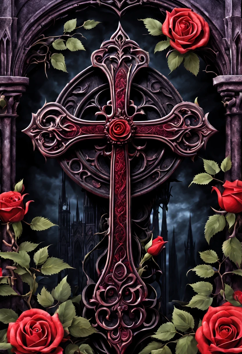 gothic cathedral，(Rose田:1.5)，cross，吸Blood鬼，hell，magma，flame，（紫色flame：1.3），Gothic aesthetics，Rose、castle、cross、Blood、churchyard，gothic style的神秘、solemn and profound，gothic style，gothic style蕾丝的衣服、象征浪漫的Rose、Gothic symbols series,Rose花园