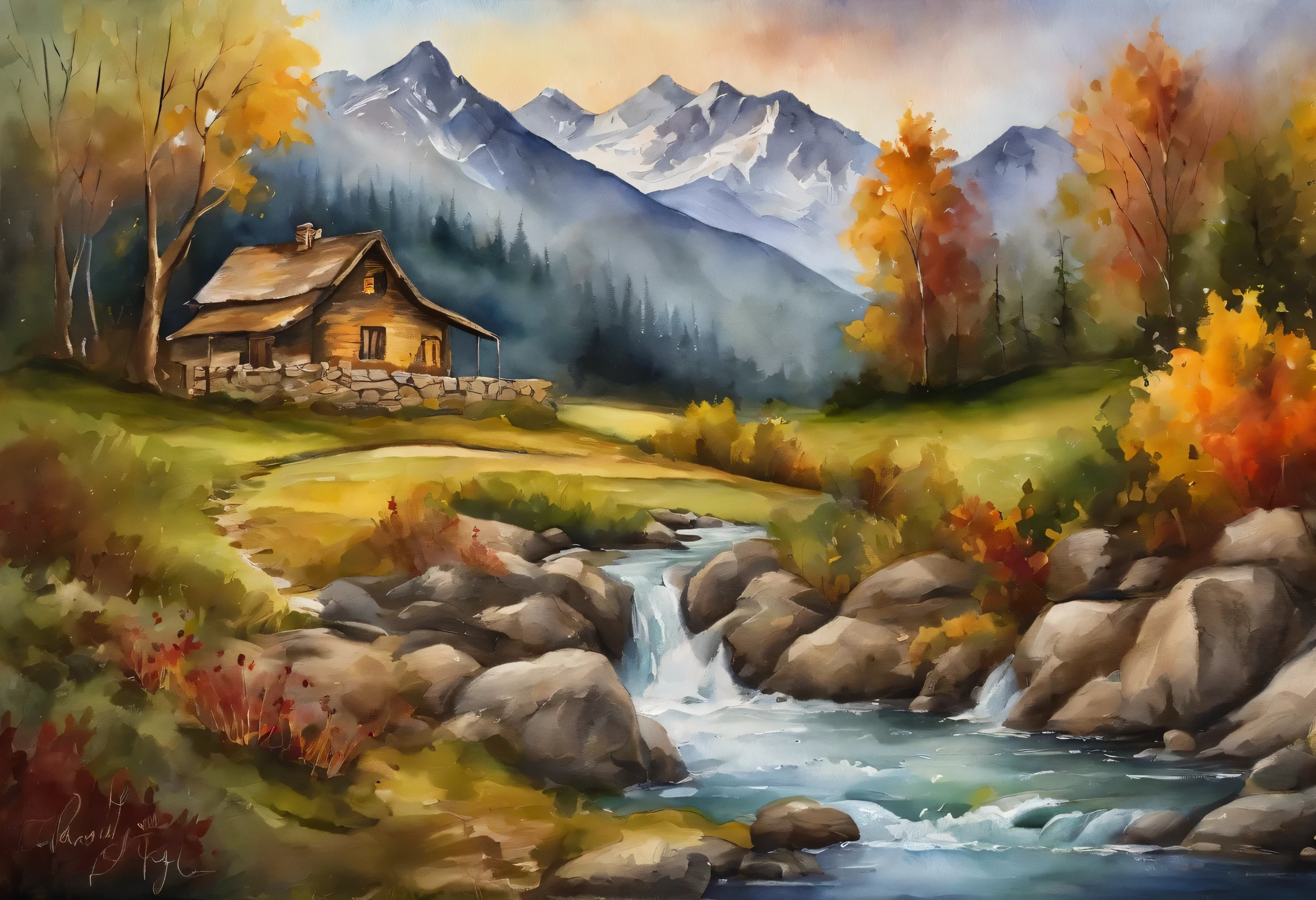 The image is an oil painting of a house by a stream in the mountains, there are mountain peaks in the background and some clouds above the mountain peaks, we can see some trees and there is water in the foreground of the image, the colors are in a perfect harmony, the colors are soft and easy to look at