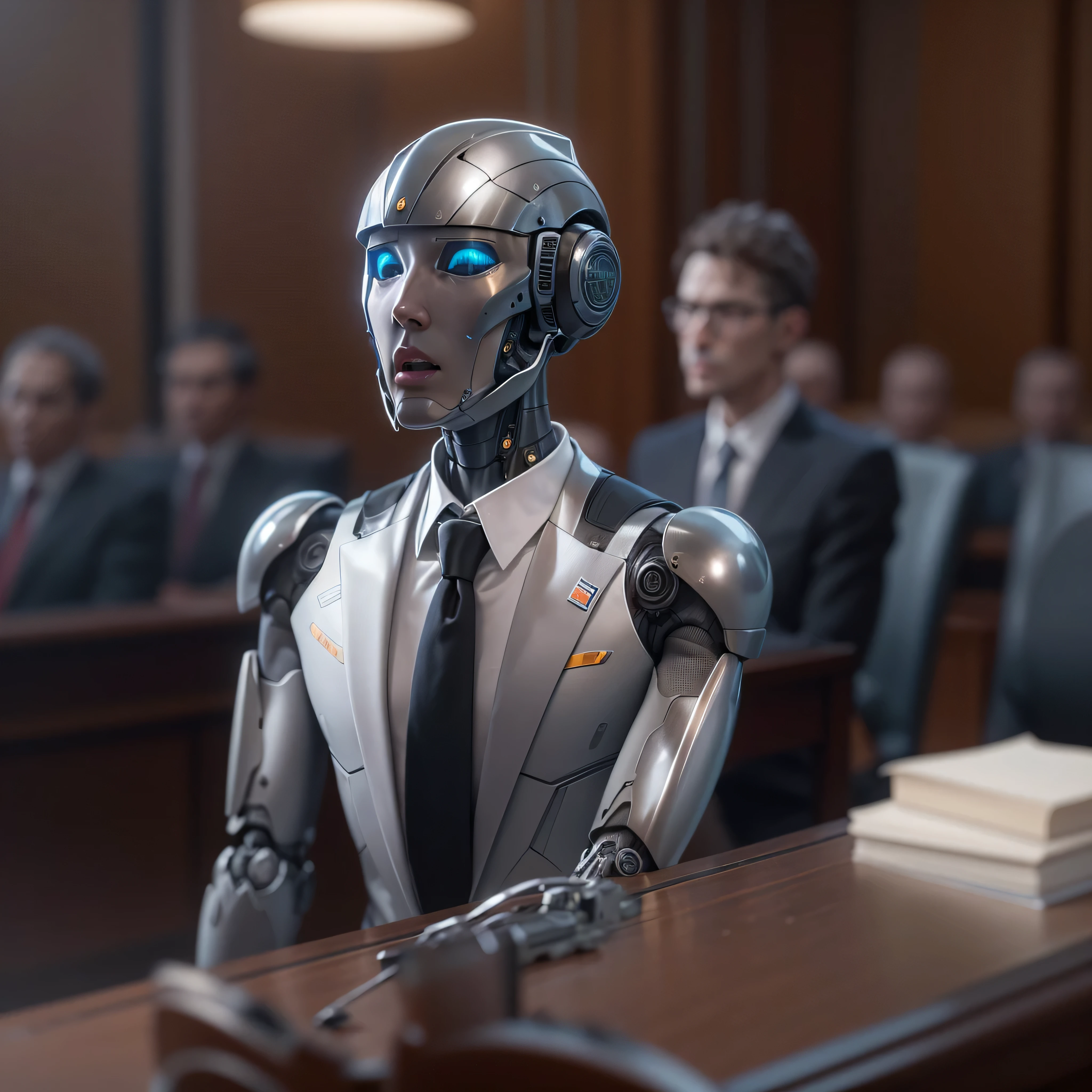 An artificial intelligence Lawyer robot, in a courtroom, and the robot is wearing a three piece suit, photo-realistic, octane render, unreal engine, ultra-realistic