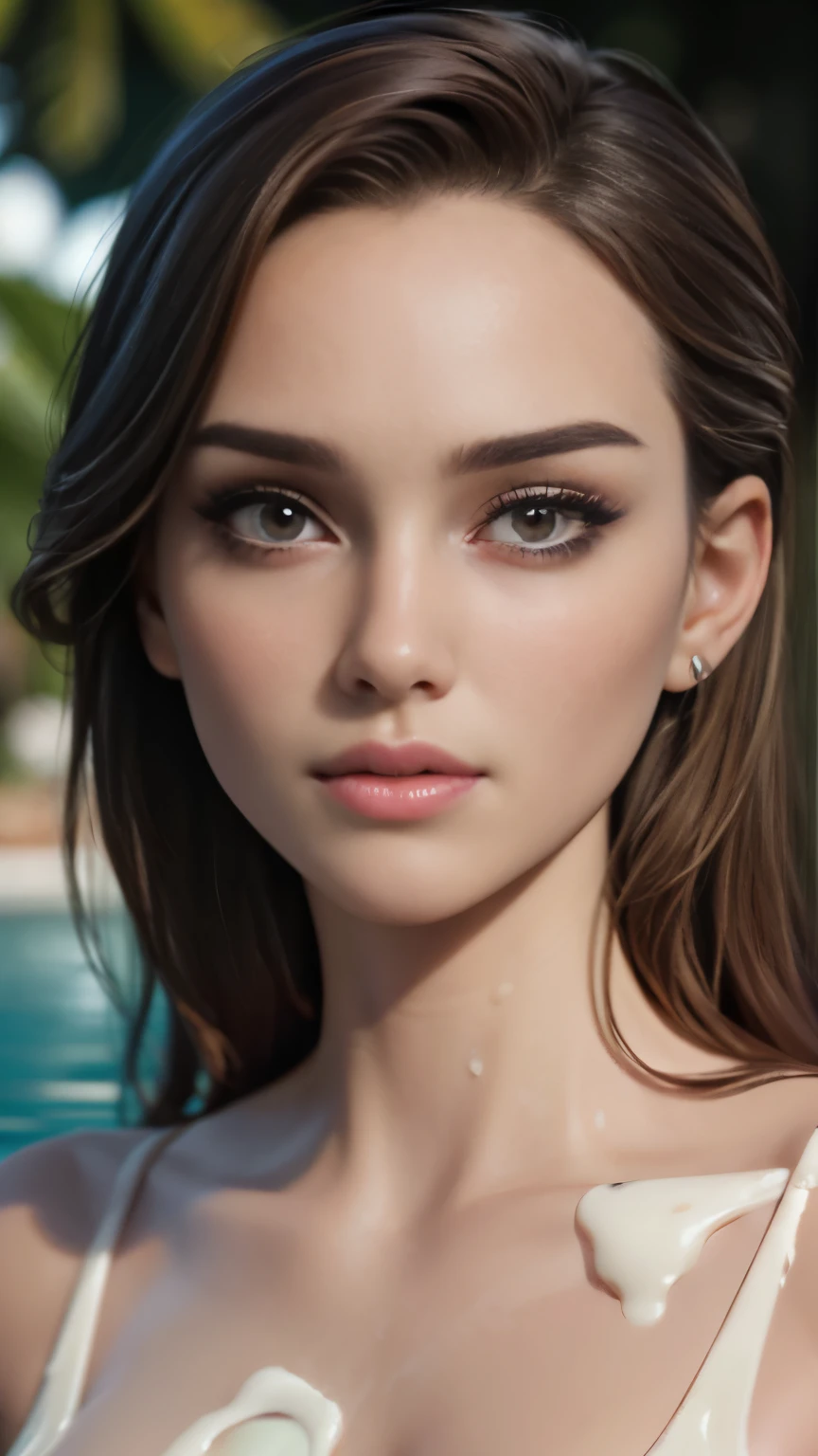 photo of celebrity, RAW, beautiful woman, ((portrait)), ((detailed face:1.2)), ((detailed facial feature, detailed skin, clear skin), (perfect proportioned body), (NSFW, milk al over face:1.5)), (high detailed tropical waterfall), swimming in a pool, (realistic photo, best quality, detailed), (8k wallpaper), (cinematic lighting, dramatic lighting) (sharp focus, intricate)