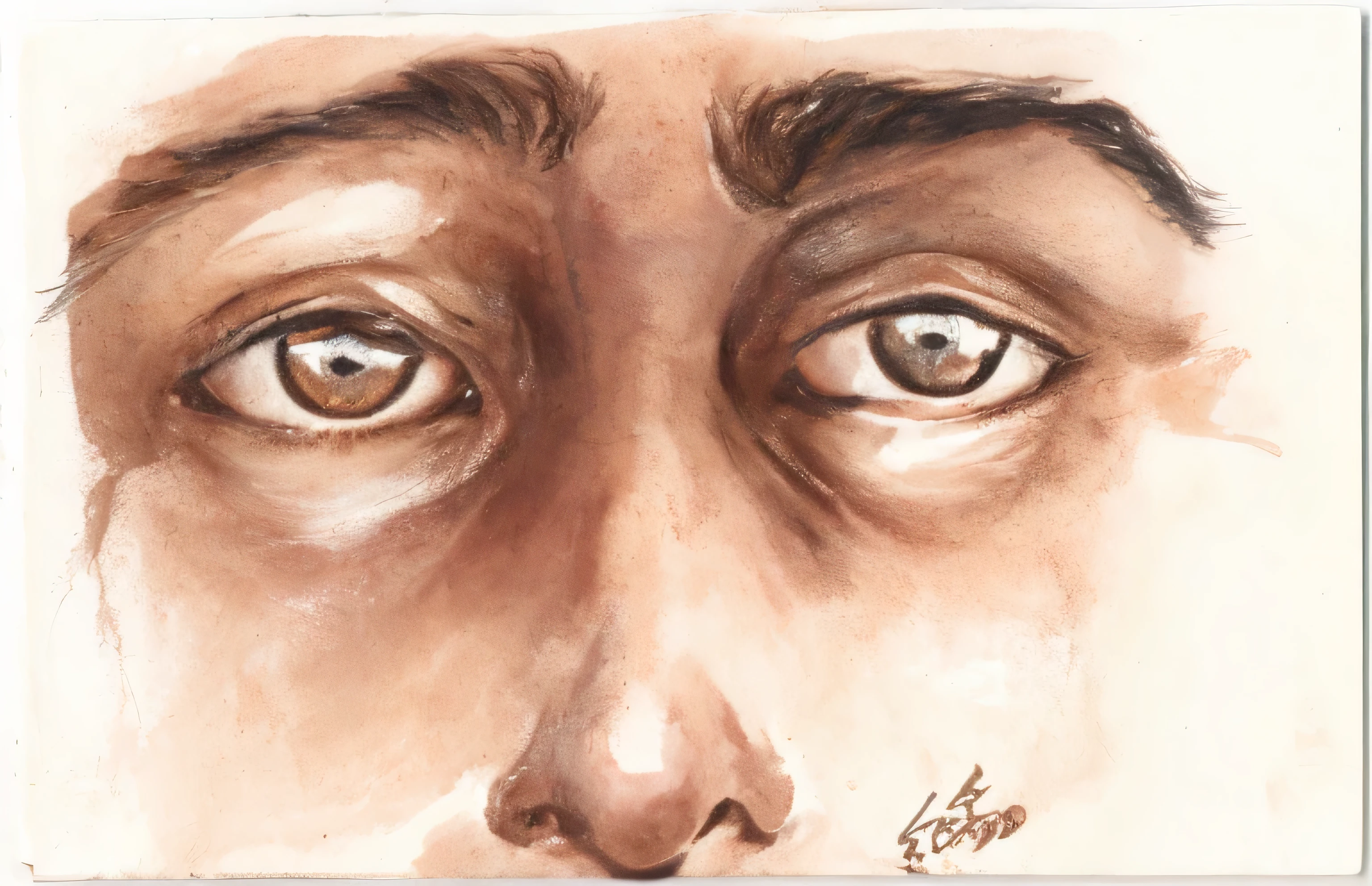 there is a drawing of a man's face with two eyes, staring eyes, expressive eyes, sad eyes, detailed face and eyes, big brown eyes, bulging eyes, sad looking eyes, highly detailed face and eyes, gazing eyes, horrified look in his eyes, expressive real eyes, eyes!, thoughtful eyes, just eyes, ultra detailed face and eyes