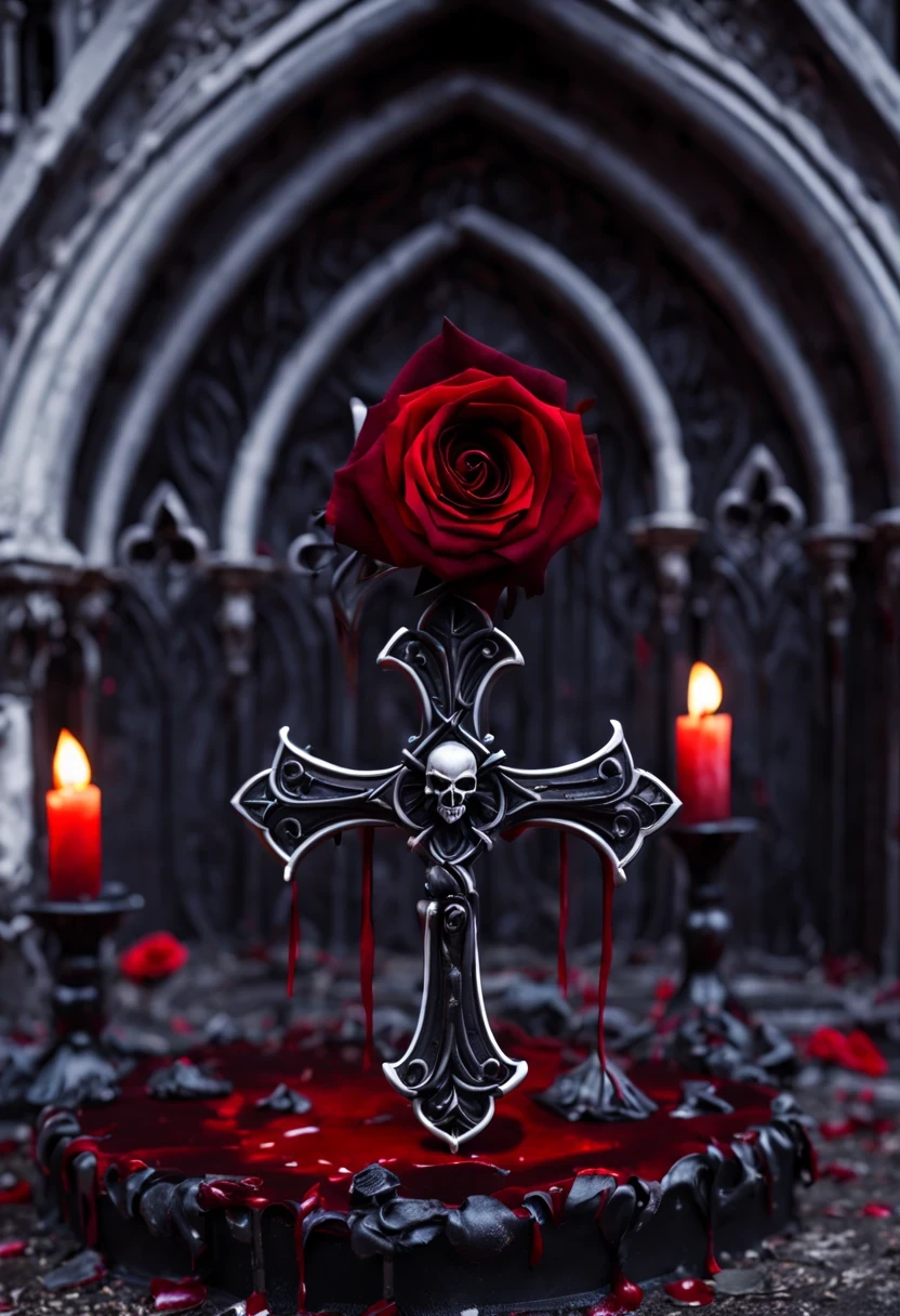 gothic cathedral,(Rose田:1.5),cross,吸Blood鬼,hell,magma,flame,(紫色flame:1.3),There is fresh Blood on the ground,Blood pool,dripping Blood,Gothic aesthetics,one、Rose、castle、cross、Blood、churchyard,gothic style的神秘、solemn and profound,gothic style,gothic style蕾丝的衣服、象征浪漫的Rose、Gothic symbols series,Rose花园