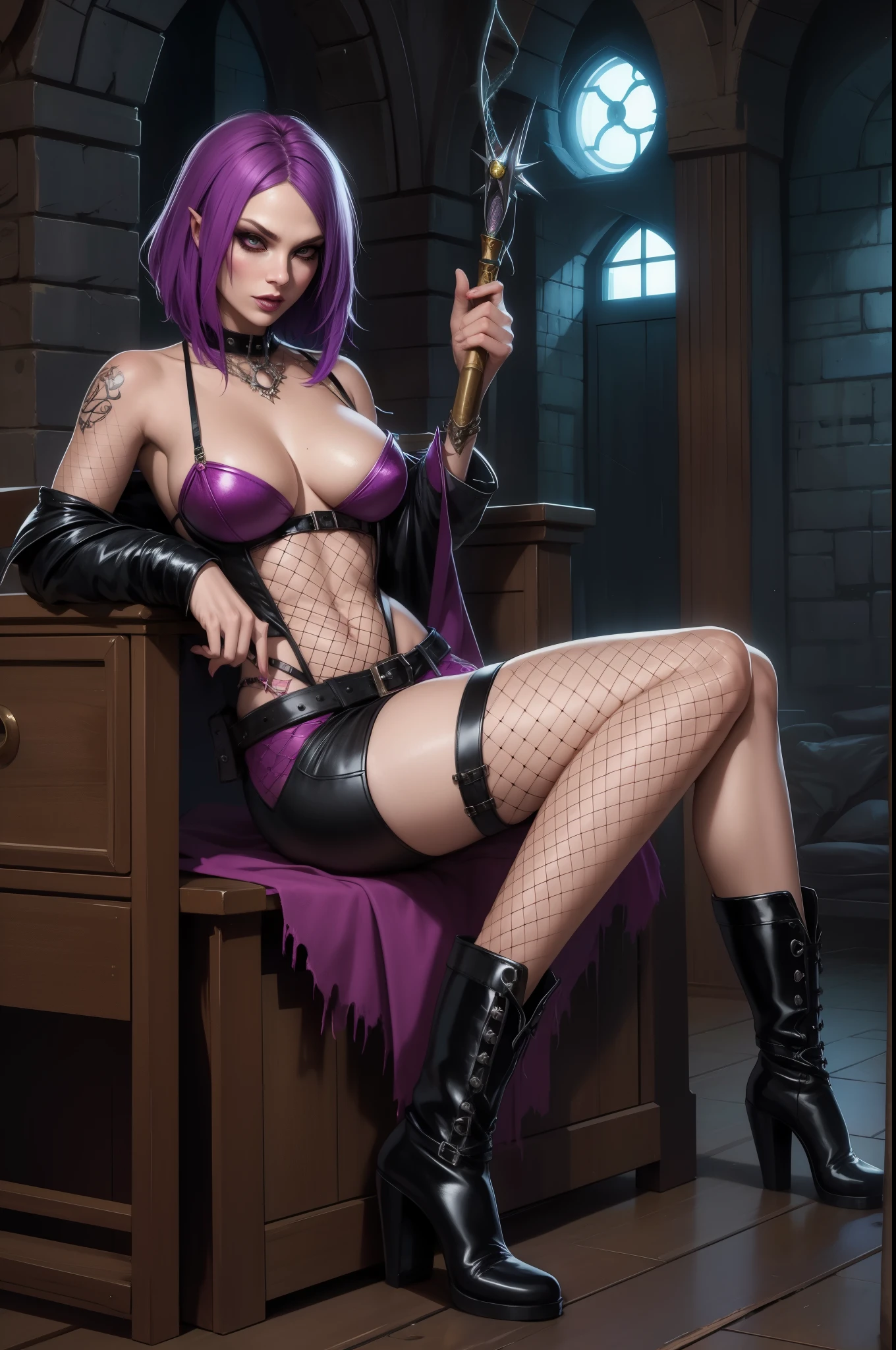 punk sorceress, sitting, wand, boots, fishnet stockings