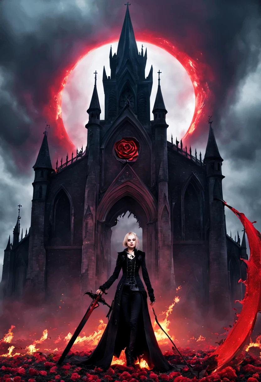 （Messenger from hell：1.4），(Rose田:1.3)，cross，one个巨大的吸Blood鬼，View of sickle from below，hell，magma，flame，（紫色flame：1.3），There is fresh Blood on the ground，Blood pool，dripping Blood，Gothic aesthetics，one、Rose、castle、cross、Blood、churchyard，gothic style的神秘、solemn and profound，gothic style，gothic style蕾丝的衣服、象征浪漫的Rose、grave、吸Blood鬼、witch、ruins、gothic cathedral，Gothic symbols series,Rose花园