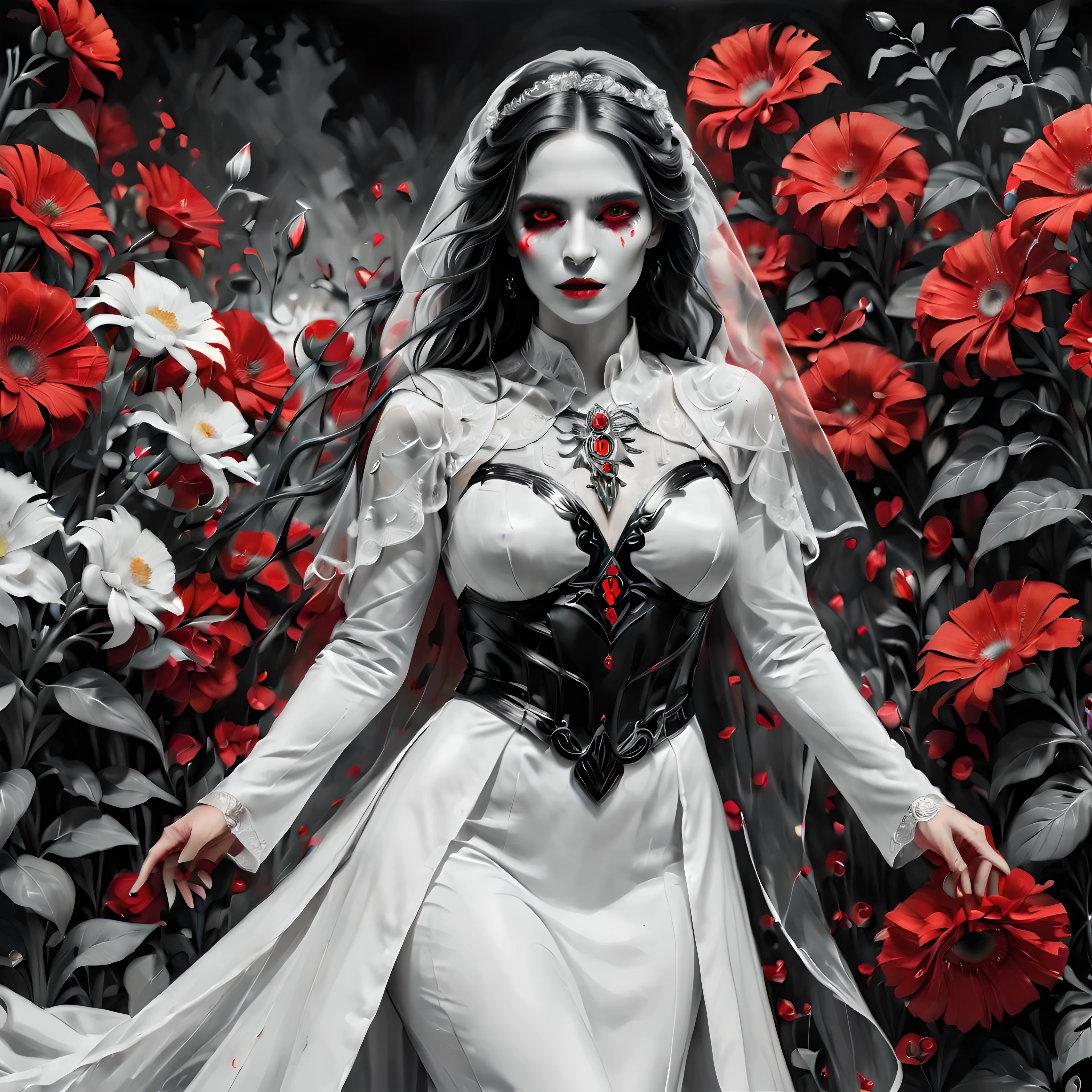 ((Selective color)), Drawing of La Llorona in Wedding Robe with Red Eye, Sea of Flowers Background, Red Flowers, White Flower, Black Flowers, smooth lines, fine art piece, Express expressions and postures through ink contrast, emphasize light, shadow and space. figurative art, along fields of flowers, Immersive landscape background, raw image, 8k, wide shot, (best quality, 4K, 8k, high resolution,masterpiece:1.2) ,(actual, photoactual, photo-actual:1.37). 