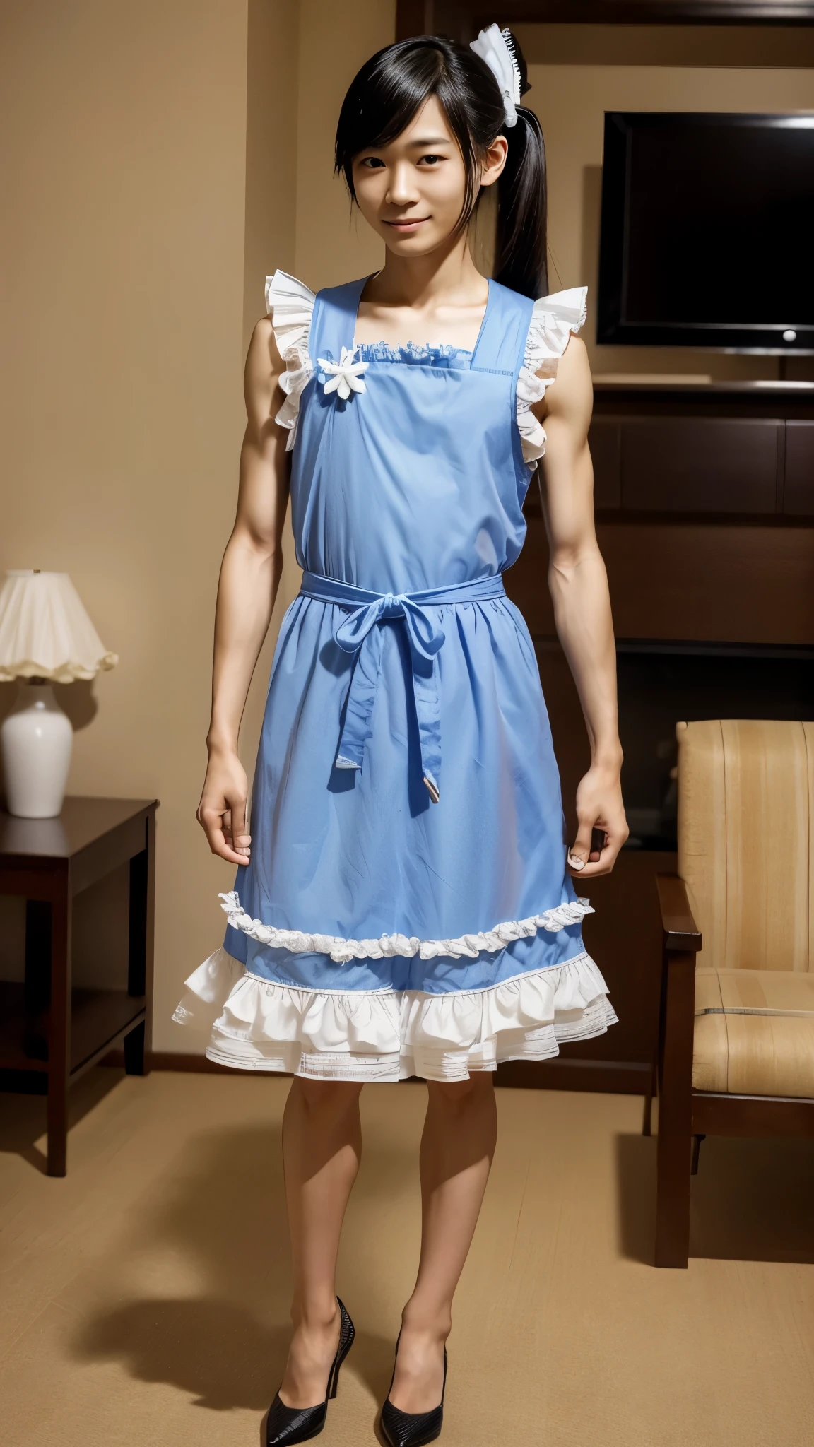 A thin and young Japanese man with detailed masculine face features and long twin tail hair wearing a frilly dress, heels, and holding a hand bag. He is standing in the living room with cute expression and pose.