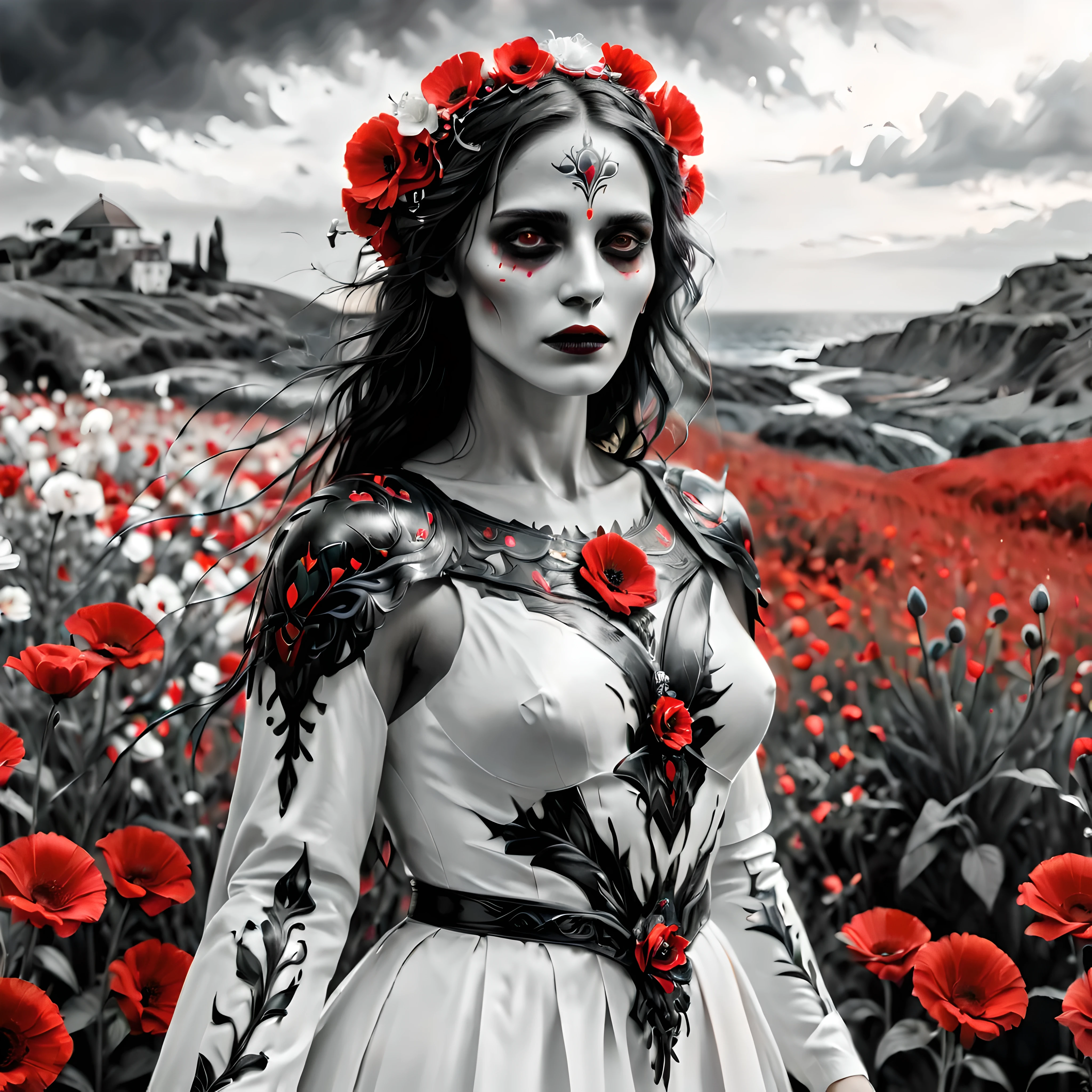 ((Selective color)), Drawing of La Llorona in Wedding Robe with Red Eye, Sea of Flowers Background, Red Flowers, White Flower, Black Flowers, smooth lines, fine art piece, Express expressions and postures through ink contrast, emphasize light, shadow and space. figurative art, along fields of flowers, Immersive landscape background, raw image, 8k, wide shot, (best quality, 4K, 8k, high resolution,masterpiece:1.2) ,(actual, photoactual, photo-actual:1.37).