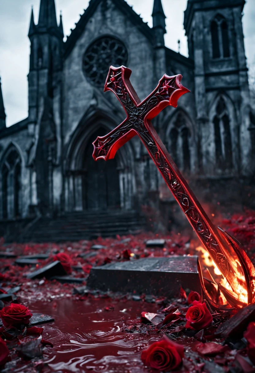 （Messenger from hell：1.4），(Rose田:1.3)，cross，one个巨大的吸Blood鬼，View of sickle from below，hell，magma，flame，（紫色flame：1.3），There is fresh Blood on the ground，Blood pool，dripping Blood，Gothic aesthetics，one、Rose、castle、cross、Blood、churchyard，gothic style的神秘、solemn and profound，gothic style，gothic style蕾丝的衣服、象征浪漫的Rose、grave、吸Blood鬼、witch、ruins、gothic cathedral，Gothic symbols series,Rose花园