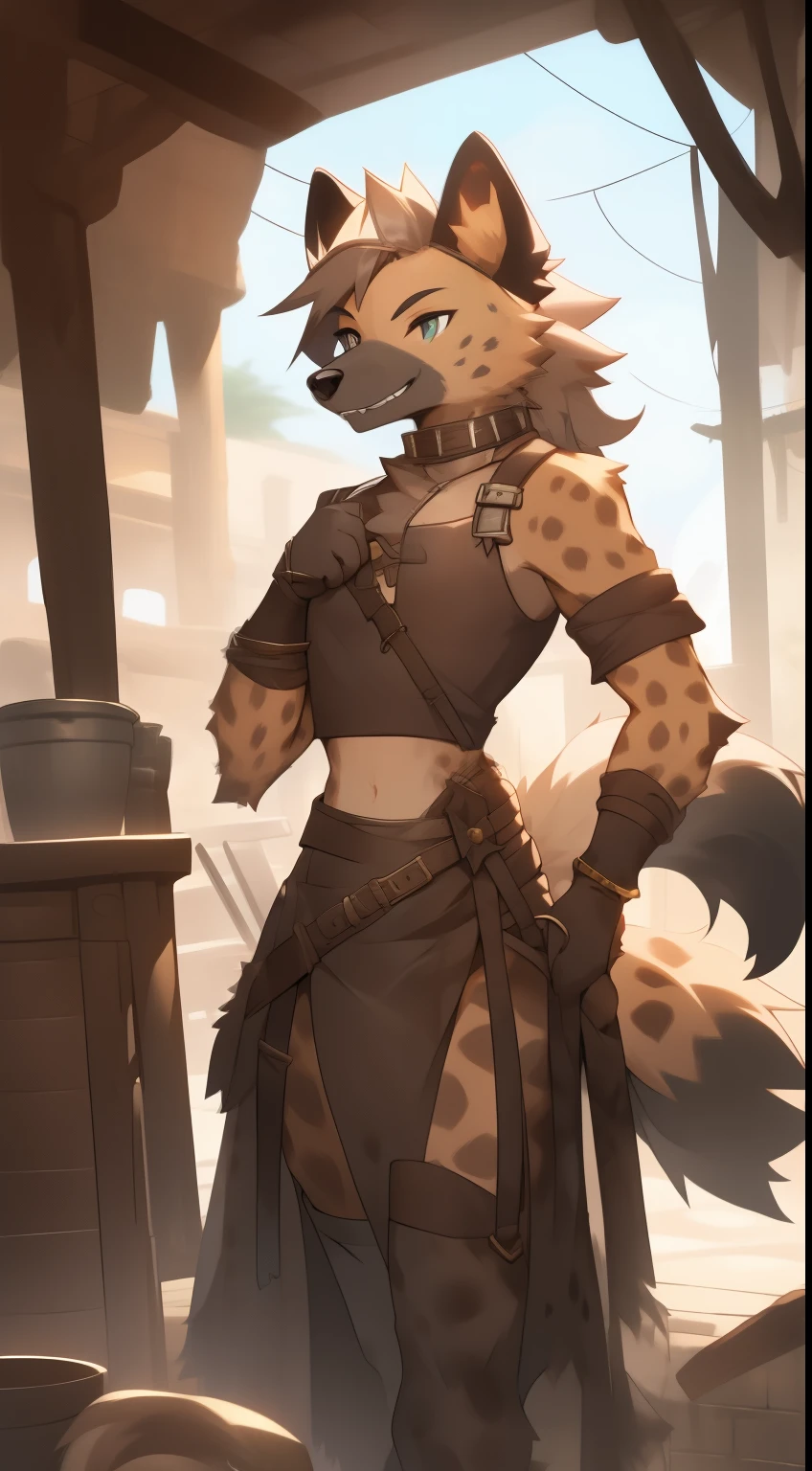 Best quality, Super detailed illustration, (boy Fluffy hyena:1.4) , Body like a girl, thick lush hair,,, Blacksmith's clothing, predatory smile, femboi, small waist, wide hips, Slim, Perfect body, don&#39;t bother style, 