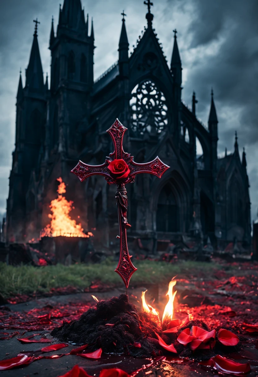 (Messenger from hell:1.4),(Rose田:1.3),cross,one个巨大的吸Blood鬼,View of sickle from below,hell,magma,flame,(紫色flame:1.3),There is fresh Blood on the ground,Blood pool,dripping Blood,Gothic aesthetics,one、Rose、castle、cross、Blood、churchyard,gothic style的神秘、solemn and profound,gothic style,gothic style蕾丝的衣服、象征浪漫的Rose、grave、吸Blood鬼、witch、ruins、gothic cathedral,Gothic symbols series,Rose花园