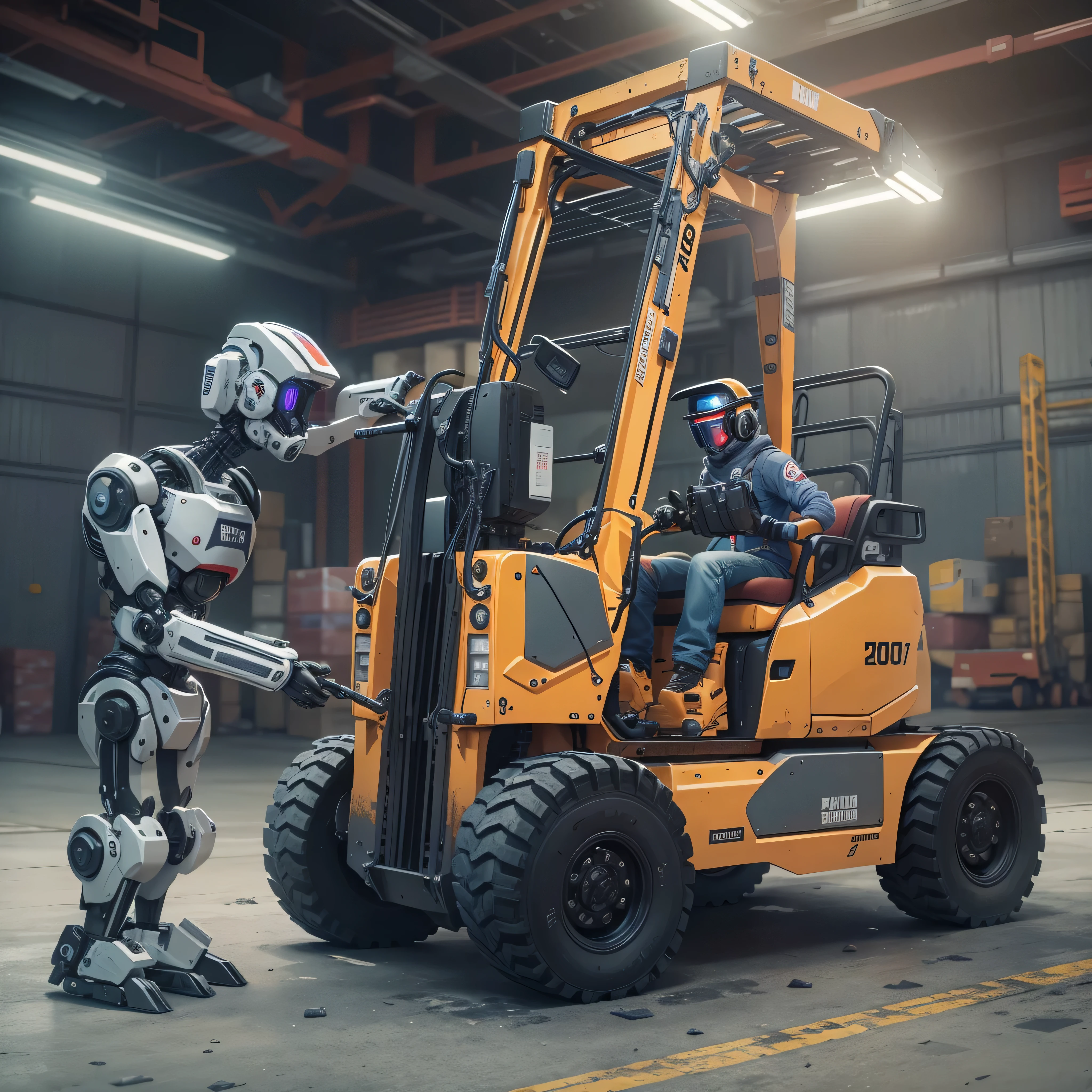 An artificial intelligence robot DRIVING a forklift, the robot is driving, and the robot is wearing a hardhat, photo-realistic, octane render, unreal engine, ultra-realistic