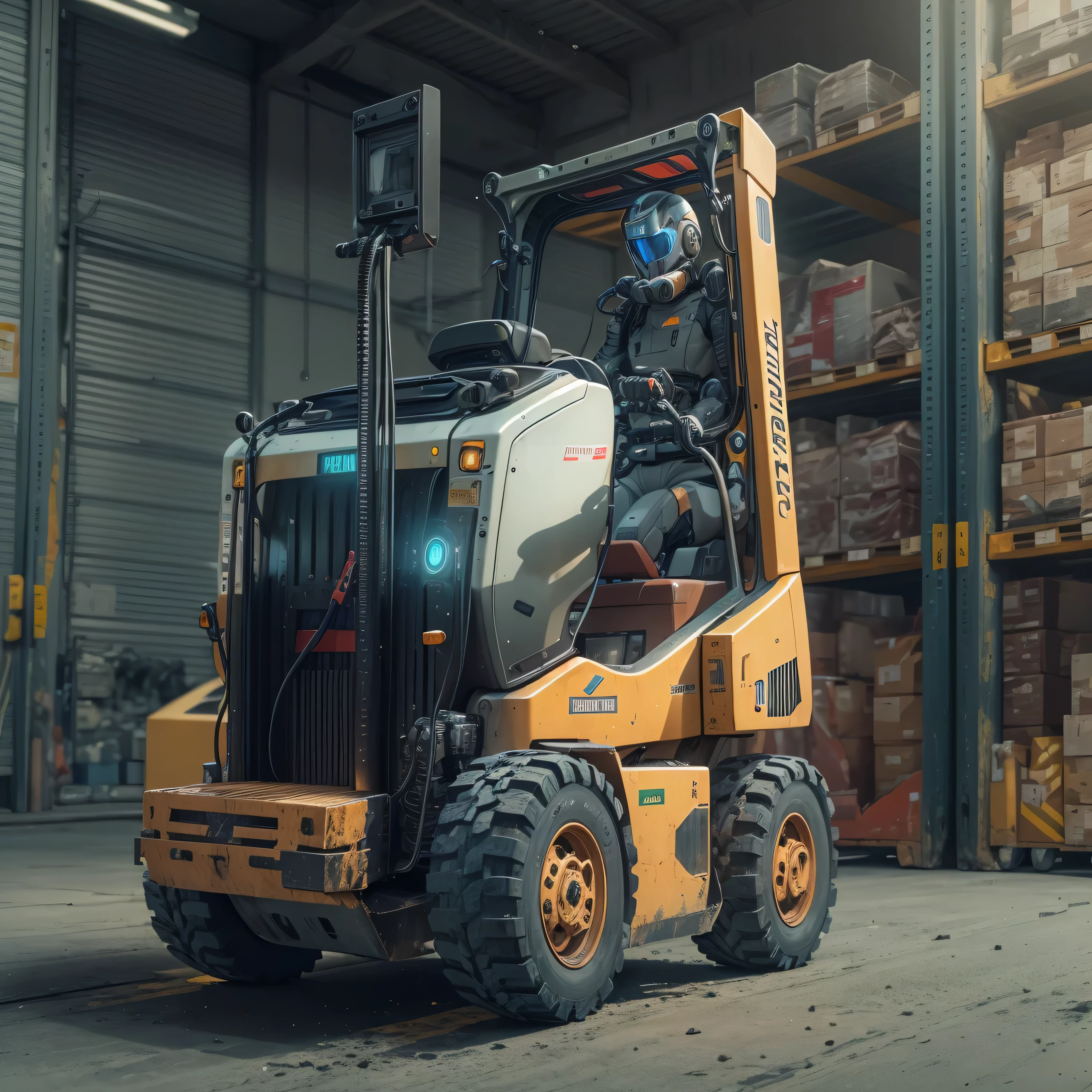 An artificial intelligence robot DRIVING a forklift, the robot is driving, and the robot is wearing a hardhat, photo-realistic, octane render, unreal engine, ultra-realistic