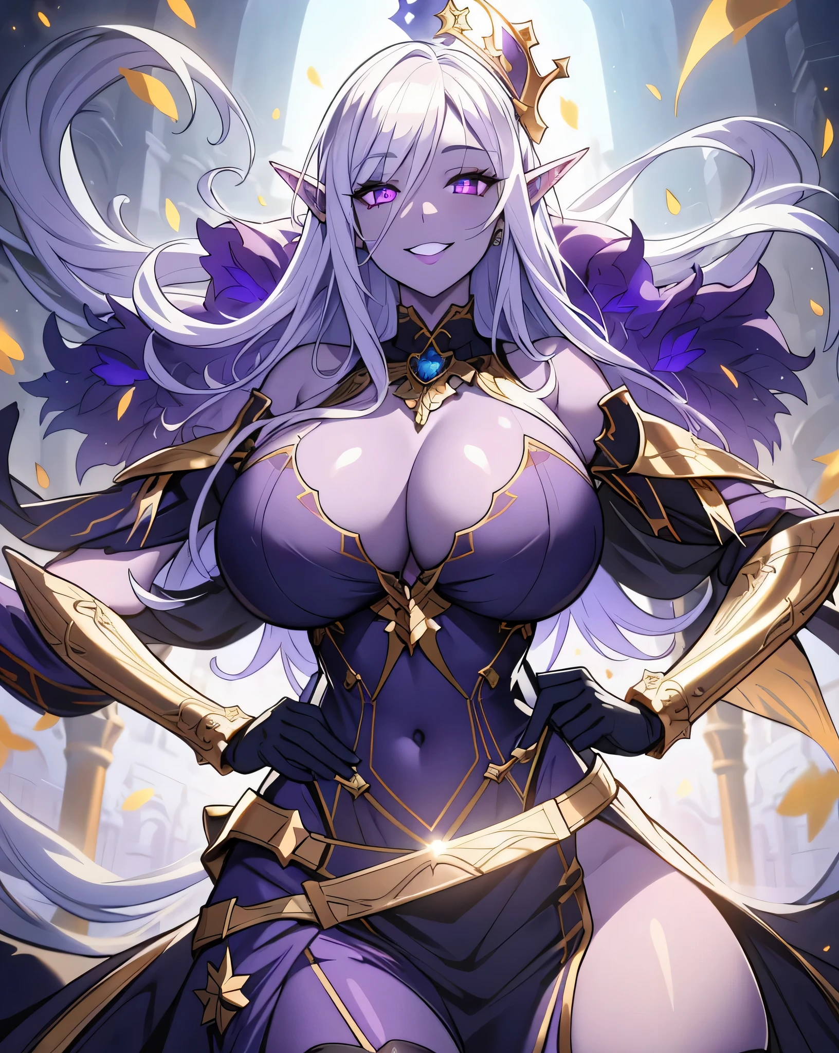 olga discordia, long white hair, long elf ears, dark elf, colored skin, blue skin, hair stick, bangs, violet eyes, solo, smiling, standing, upper body, hips, bare shoulders,purple thighhighs,violet dress, gold jewelry,armor,gloves,circlet, cleavage, red and gold royal castle, gigantic breasts, (best quality, masterpiece, beautiful and aesthetic:1.2, highest detailed face, perfect face,)  eyes, perfect face,expressive eyes,
looking at viewer, in the center of the image,(Upper_body),(Focus on her face),
official art,extremely detailed CG unity 8k wallpaper, perfect lighting,Colorful, 
(masterpiece:1.0),(best_quality:1.0), ultra high res,4K,ultra-detailed
