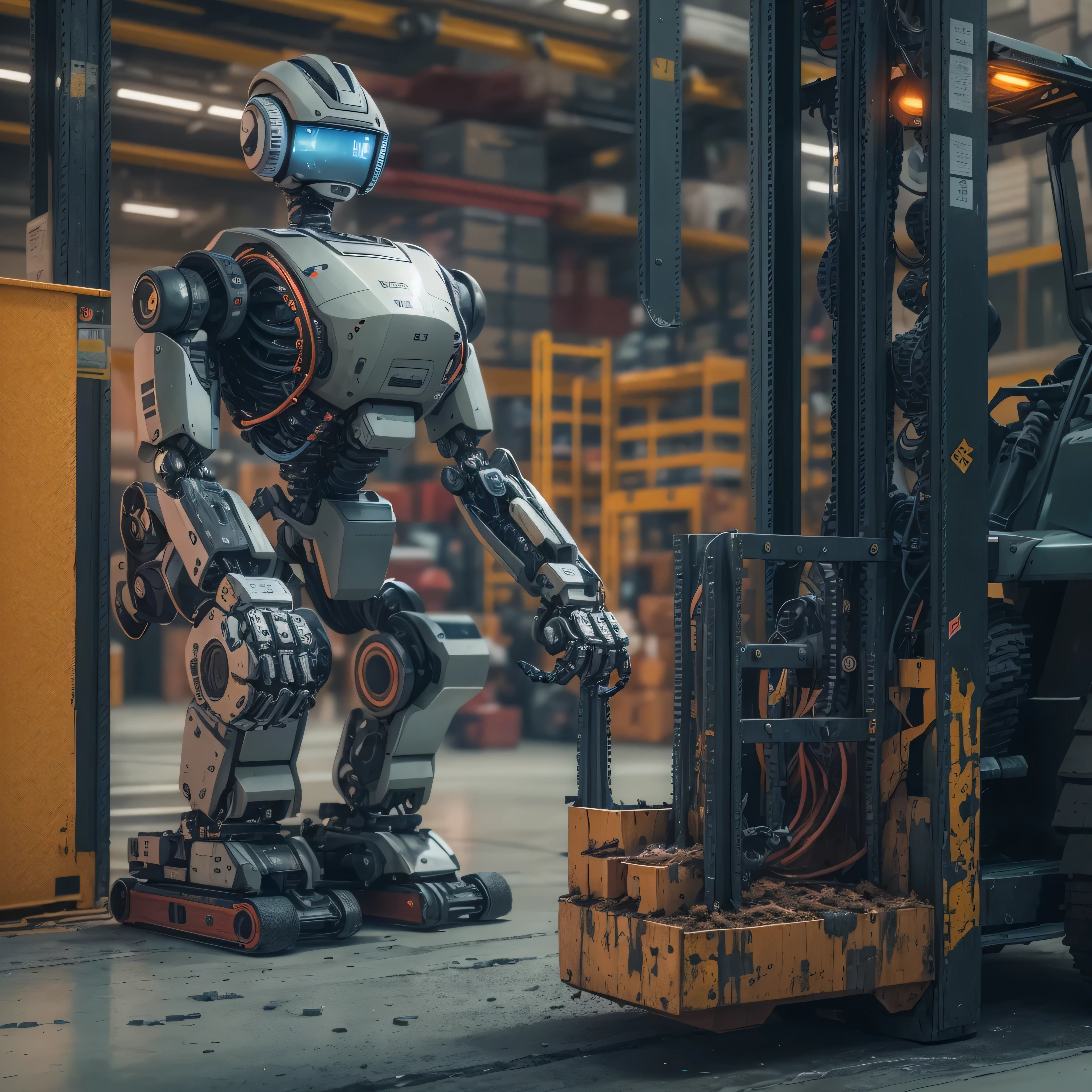 An artificial intelligence robot DRIVING a forklift, the robot is driving, and the robot is wearing a hardhat, photo-realistic, octane render, unreal engine, ultra-realistic
