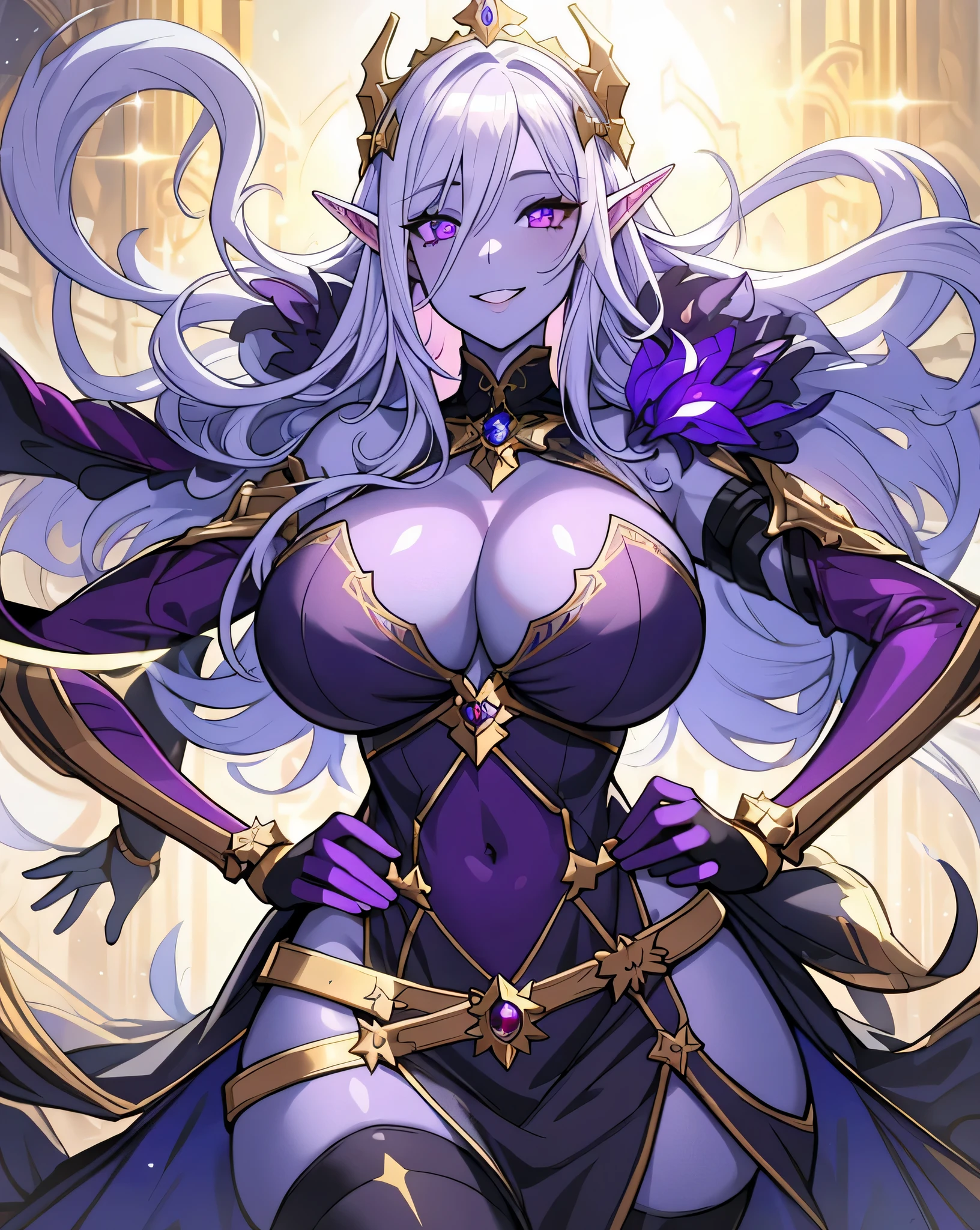 olga discordia, long white hair, long elf ears, dark elf, colored skin, blue skin, hair stick, bangs, violet eyes, solo, smiling, standing, upper body, hips, bare shoulders,purple thighhighs,violet dress, gold jewelry,armor,gloves,circlet, cleavage, red and gold royal castle, gigantic breasts, (best quality, masterpiece, beautiful and aesthetic:1.2, highest detailed face, perfect face,)  eyes, perfect face,expressive eyes,
looking at viewer, in the center of the image,(Upper_body),(Focus on her face),
official art,extremely detailed CG unity 8k wallpaper, perfect lighting,Colorful, 
(masterpiece:1.0),(best_quality:1.0), ultra high res,4K,ultra-detailed
