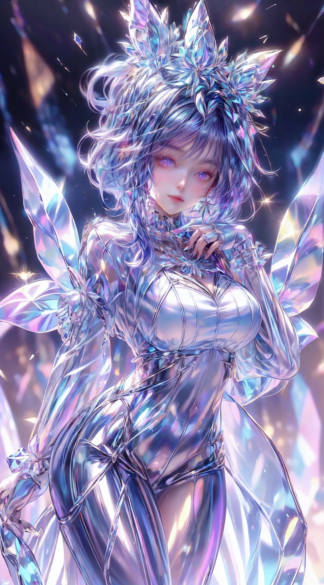 tmasterpiece,Highest high resolution,((((Bow your head and smile)))),Dynamic avatar of a beautiful aristocratic girl,Blue hair is gracefully curled,(((Wearing a crown of huge flowers、Bucket Hat,jewely,Diamond necklace))),Purple clear eyes,(((Hair is covered with beautiful and delicate floral craftsmanship, Crystal Jewelry Filigree))),Ultra-detailed details。sexy,seductress,queen of seduction