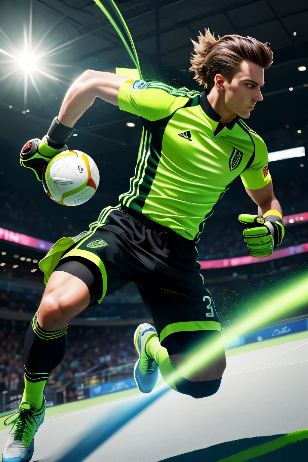 An exhilarating action-packed depiction of a skilled male goalkeeper, clad in a vibrant green kit, fearlessly propelling himself across the goalmouth to execute a gravity-defying save. The image boasts a strikingly realistic rendering, capturing every minute detail with stunning precision. The artist's imagination brings this scene to life, infusing it with an unparalleled sense of excitement and intensity. The dynamic composition, enhanced by the seamless integration of light and shadow, evokes a sense of motion and energy. This captivating artwork, created in the style of hyperrealism, is a testament to the artist's mastery of their craft. With its impeccable attention to detail and remarkable clarity, this image is sure to leave a lasting impression.
