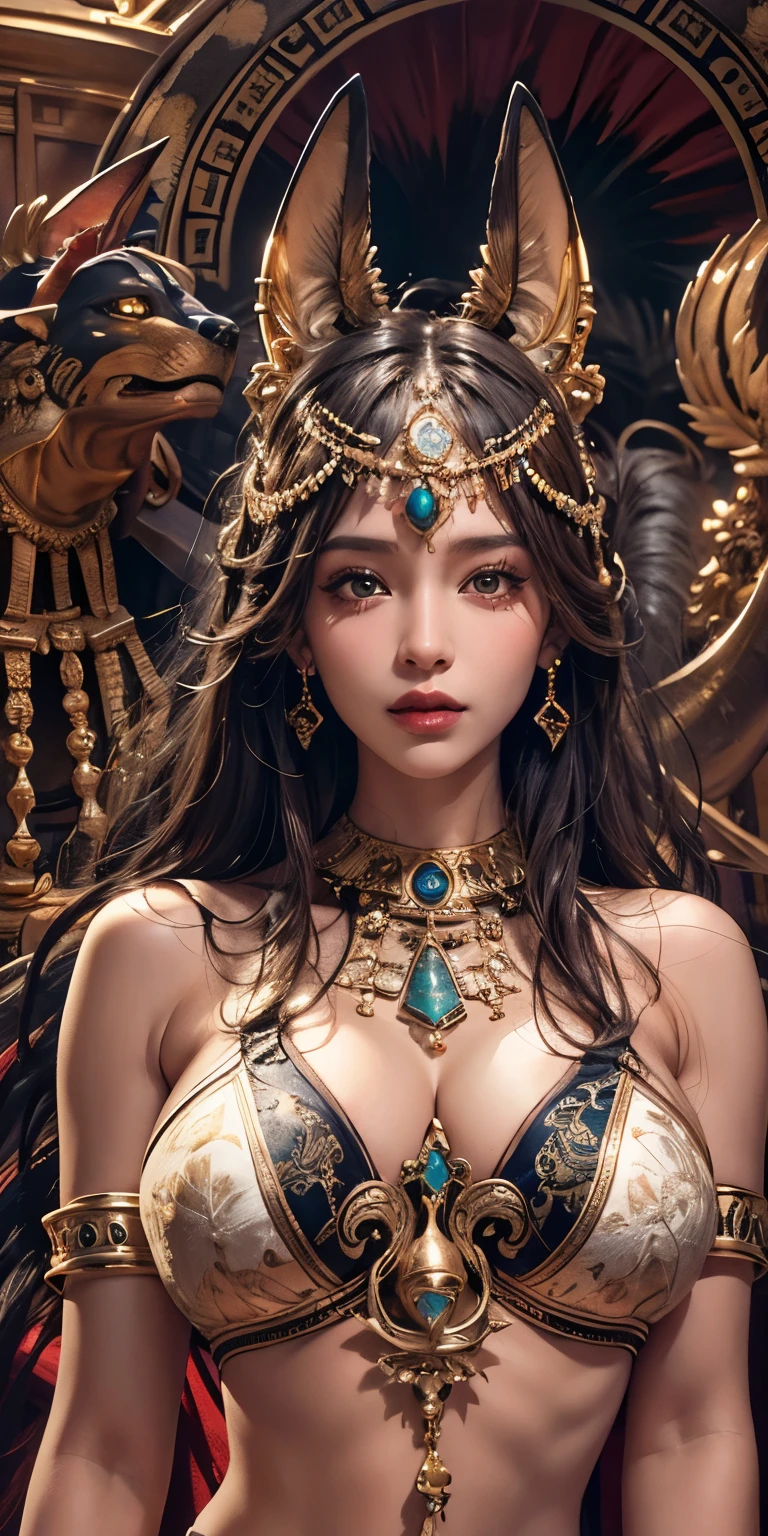 photorealistic, high resolution, soft light,1women, solo, hips up, shining skin, (detailed face), A woman wearing an idol of the god Anubis on her head, jewelry, tattoo, nice breast, huge breast, breast focus, Breast kneading