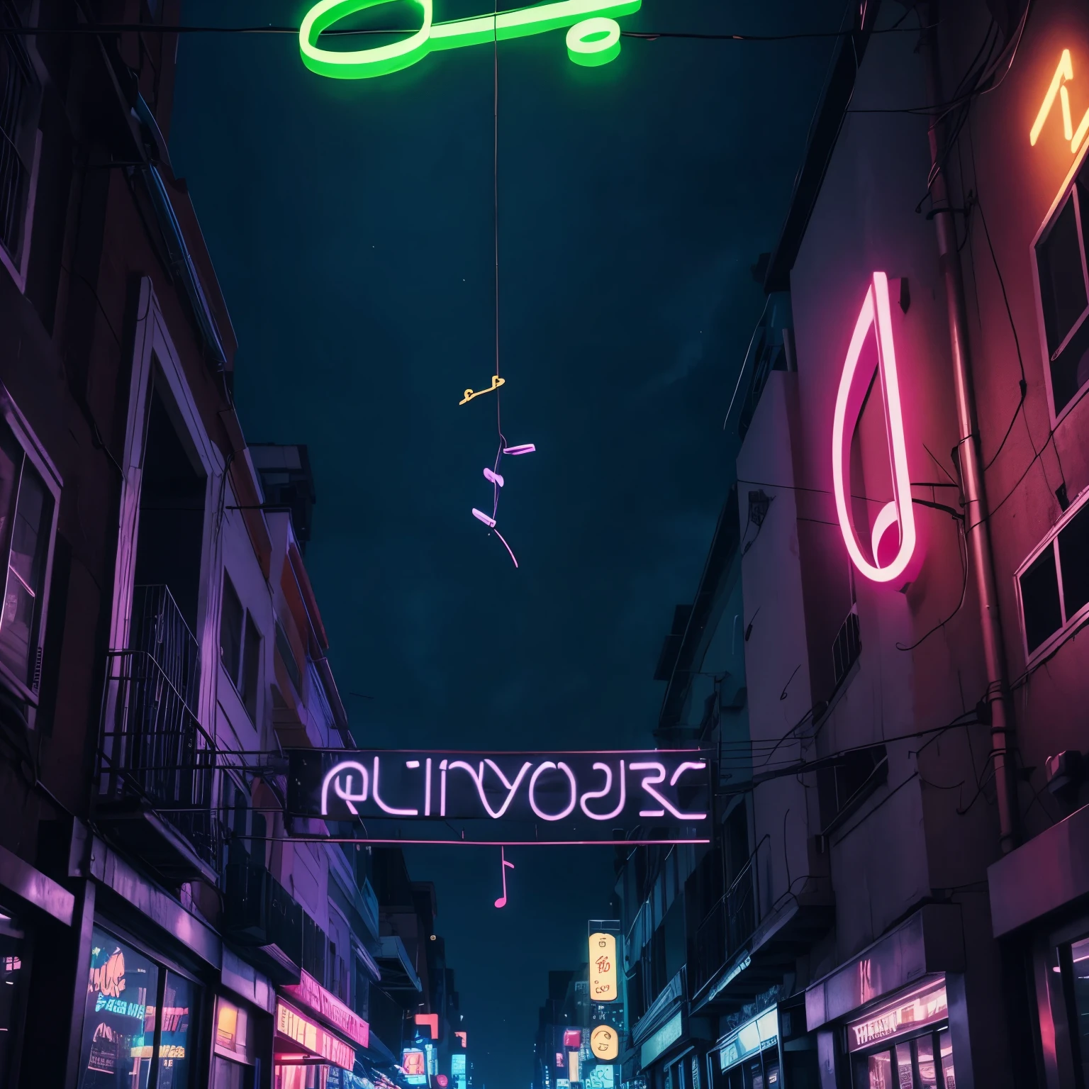 musical notes flying in neon lit atmosphere