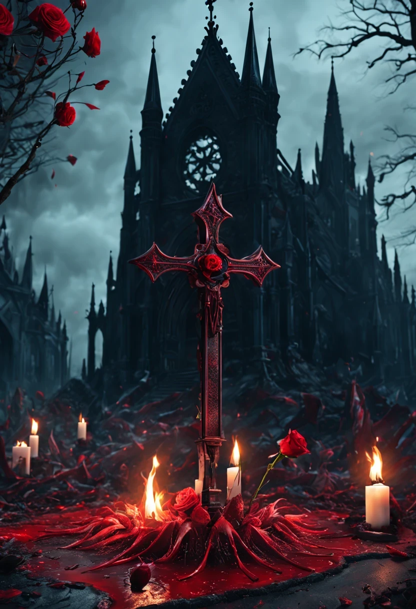 (Messenger from hell:1.4),(Rose田:1.3),cross,one个巨大的吸Blood鬼,View of sickle from below,hell,magma,flame,(紫色flame:1.3),There is fresh Blood on the ground,Blood pool,dripping Blood,Gothic aesthetics,one、Rose、castle、cross、Blood、churchyard,gothic style的神秘、solemn and profound,gothic style,gothic style蕾丝的衣服、象征浪漫的Rose、grave、吸Blood鬼、witch、ruins、gothic cathedral,Gothic symbols series