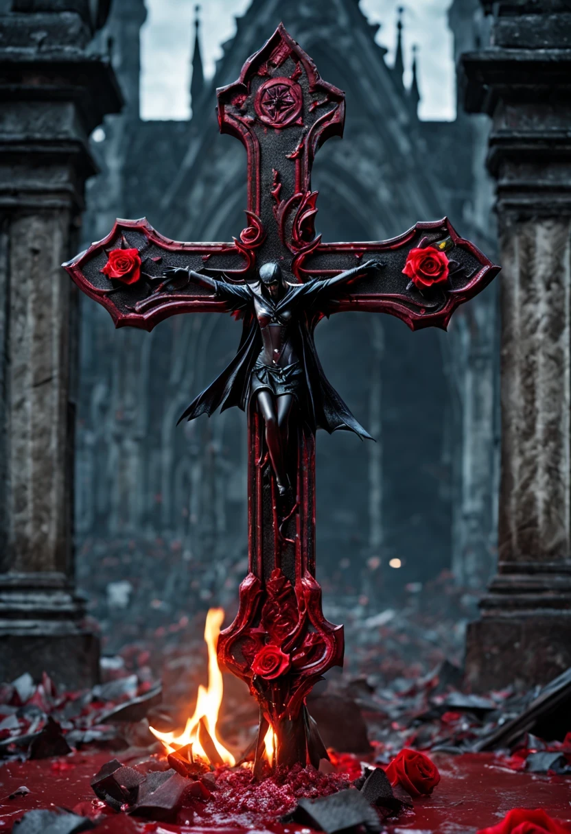 (Messenger from hell:1.4),(Rose田:1.3),cross,one个巨大的吸Blood鬼,View of sickle from below,hell,magma,flame,(紫色flame:1.3),There is fresh Blood on the ground,Blood pool,dripping Blood,Gothic aesthetics,one、Rose、castle、cross、Blood、churchyard,gothic style的神秘、solemn and profound,gothic style,gothic style蕾丝的衣服、象征浪漫的Rose、grave、吸Blood鬼、witch、ruins、gothic cathedral,Gothic symbols series