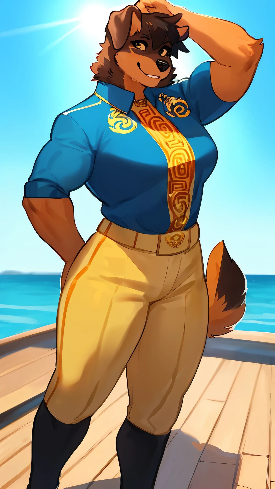 By bebebebebe, by lostgoose, by goonie-san, solo, standing, female, canine, Rottweiler, white and orange fur,, ((hair, snout, detailed eyes)), gold and blue professional outfit, skintight clothes, ((versace)), tail, hands behind back, on the docks, oceanside, empty ocean, sunny day, clear sky, ((muscular)), smiling, happy, blep