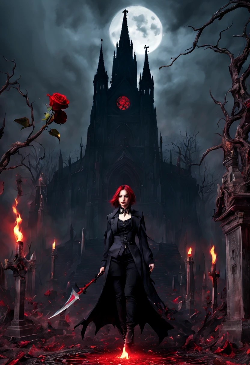 (Messenger from hell:1.4),(Rose田:1.3),cross,one个巨大的吸Blood鬼,View of sickle from below,hell,magma,flame,(紫色flame:1.3),There is fresh Blood on the ground,Blood pool,dripping Blood,Gothic aesthetics,one、Rose、castle、cross、Blood、churchyard,gothic style的神秘、solemn and profound,gothic style,gothic style蕾丝的衣服、象征浪漫的Rose、grave、吸Blood鬼、witch、ruins、gothic cathedral,Gothic symbols series