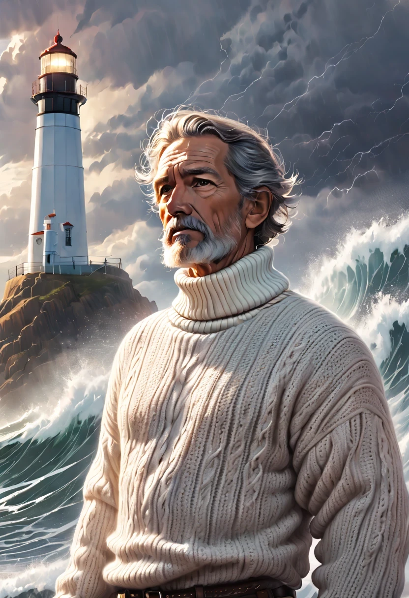 rough face portrait (old fisherman:1.3), (Face focus:1.5), (storm:1.2), (waves:1.3), ocean, (lighthouse background:1.3), (cowboy shooting:1.4), (White turtleneck knitted sweater:1.3), looking at the audience, actual, masterpiece, best quality, backlight, (lens flare:1.1), (bloom:1.1), (Color difference:1.1), author：Jeremy Lipkin, by Antonio J. manzanedo, number