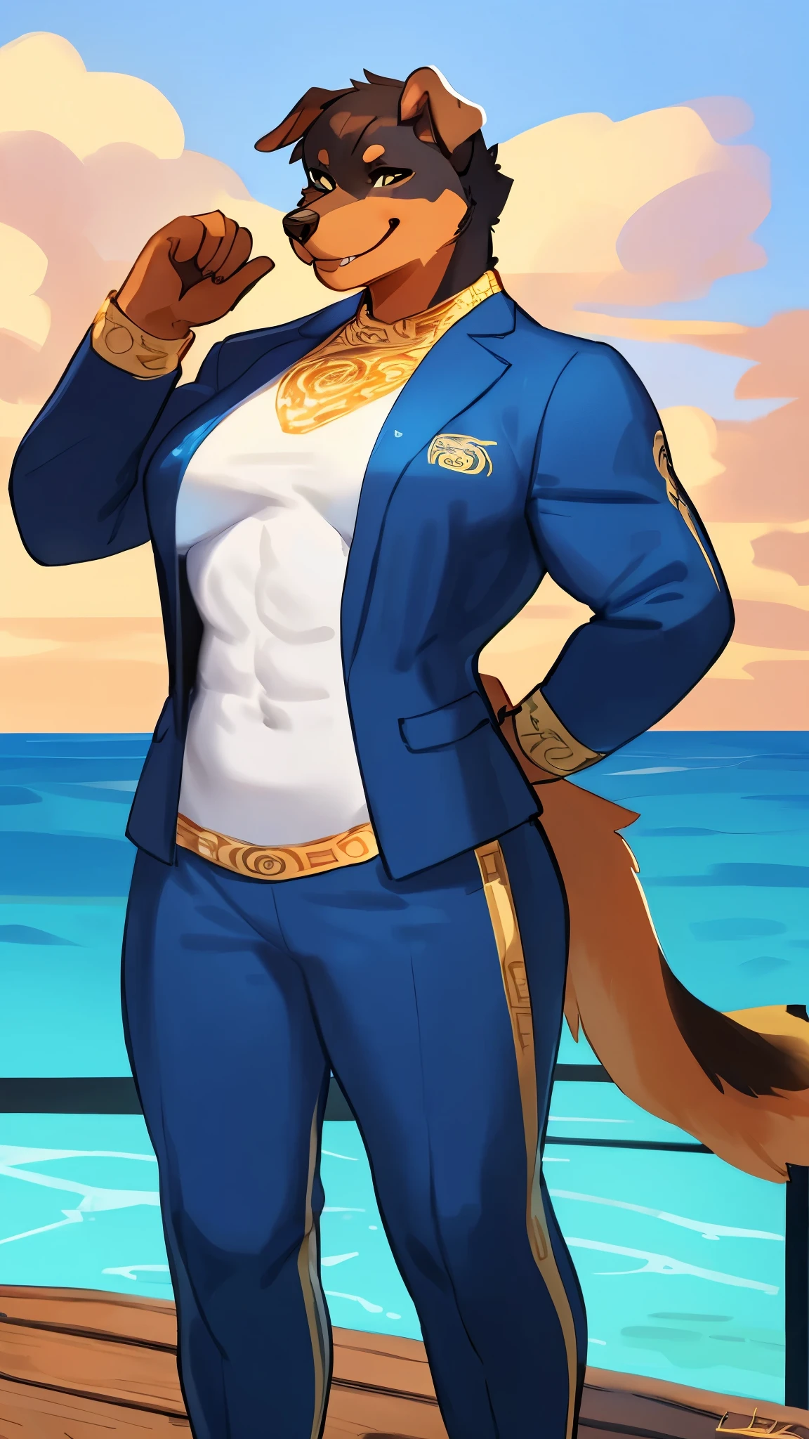 By bebebebebe, by lostgoose, by goonie-san, solo, standing, female, canine, Rottweiler, white and orange fur, ((hair, snout, detailed eyes)), gold and blue professional outfit, skintight clothes, ((versace)), tail, hands behind back, on the docks, oceanside, empty ocean, sunny day, clear sky, ((muscular)), smiling, happy, blep