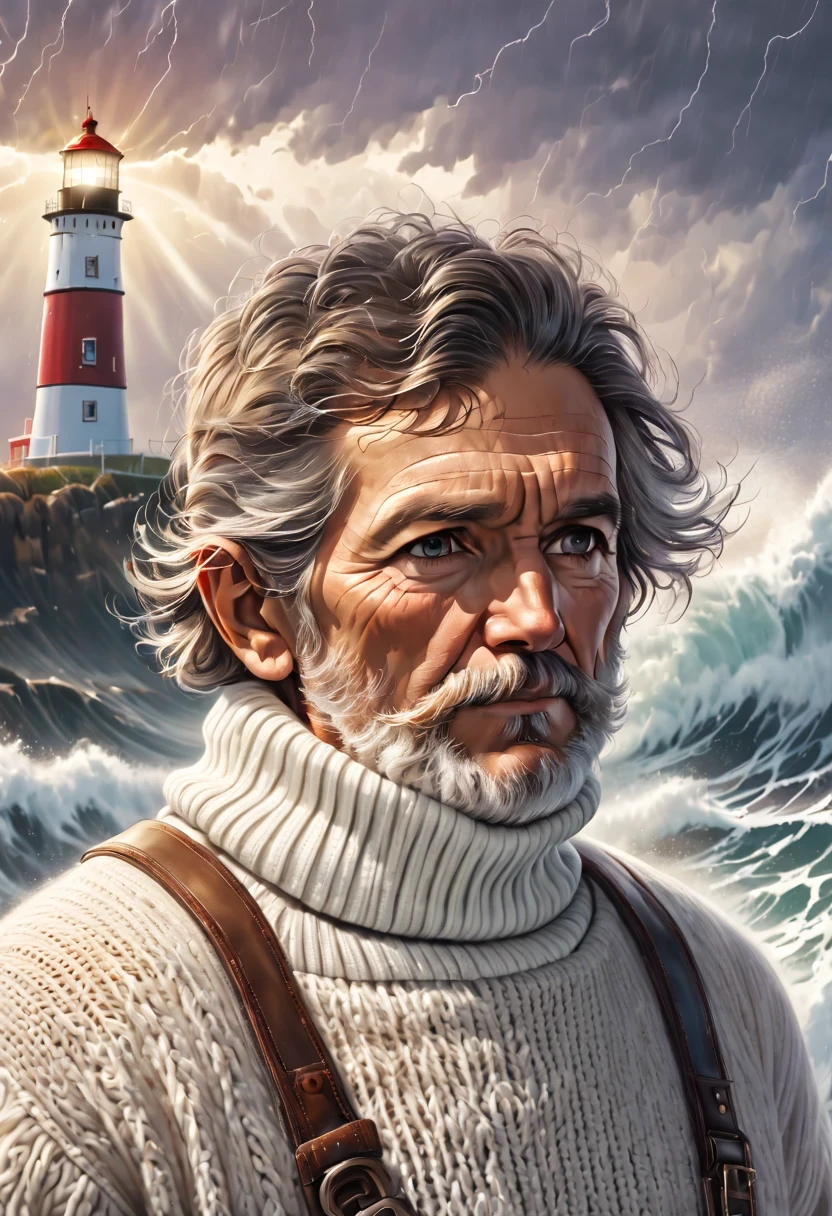 rough face portrait (old fisherman:1.3), (Face focus:1.5), (storm:1.2), (waves:1.3), ocean, (lighthouse background:1.3), (cowboy shooting:1.4), (White turtleneck knitted sweater:1.3), looking at the audience, actual, masterpiece, best quality, backlight, (lens flare:1.1), (bloom:1.1), (Color difference:1.1), author：Jeremy Lipkin, by Antonio J. manzanedo, number