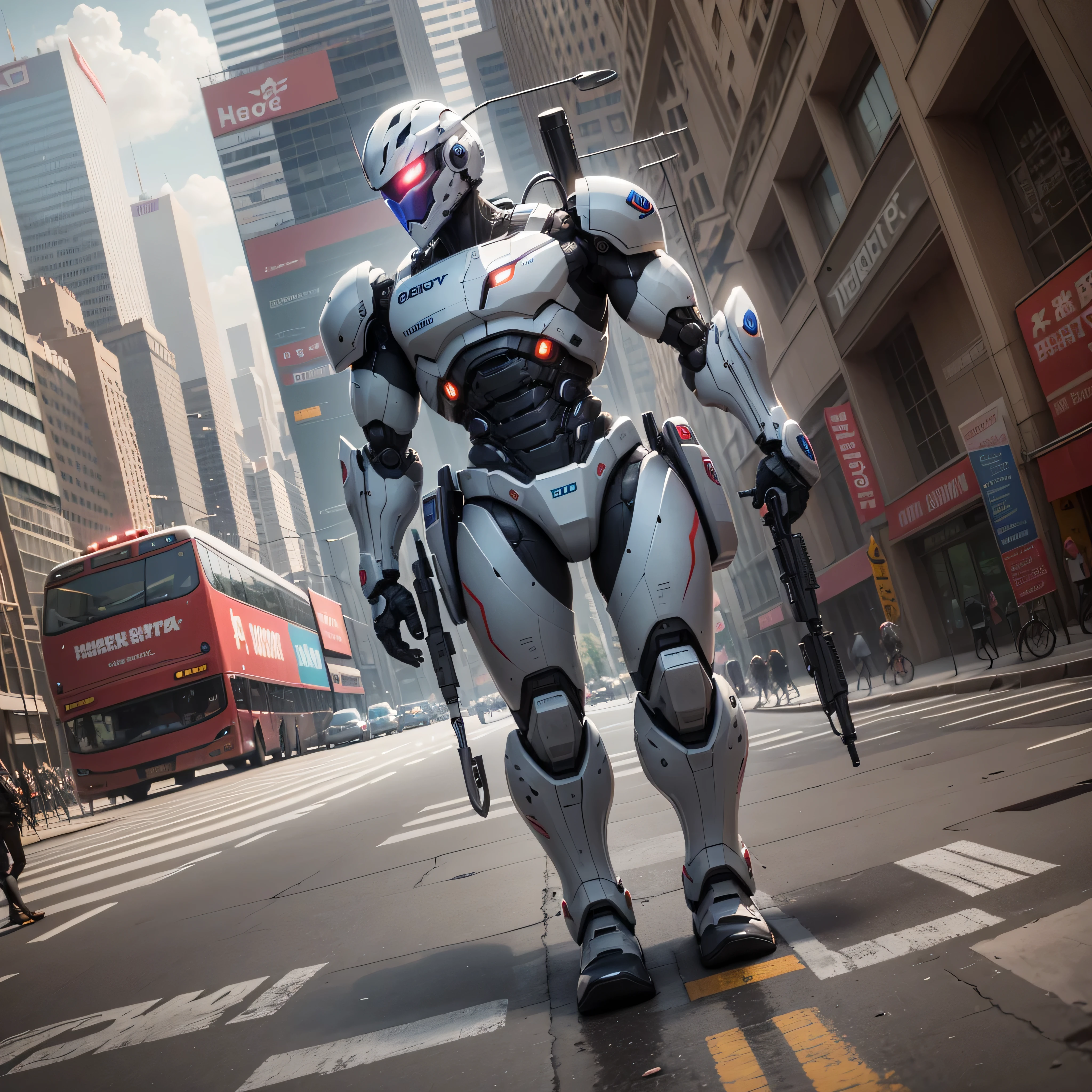 An artificial intelligence Police robot, robot is walking a beat, and the robot is wearing a gun, photo-realistic, octane render, unreal engine, ultra-realistic