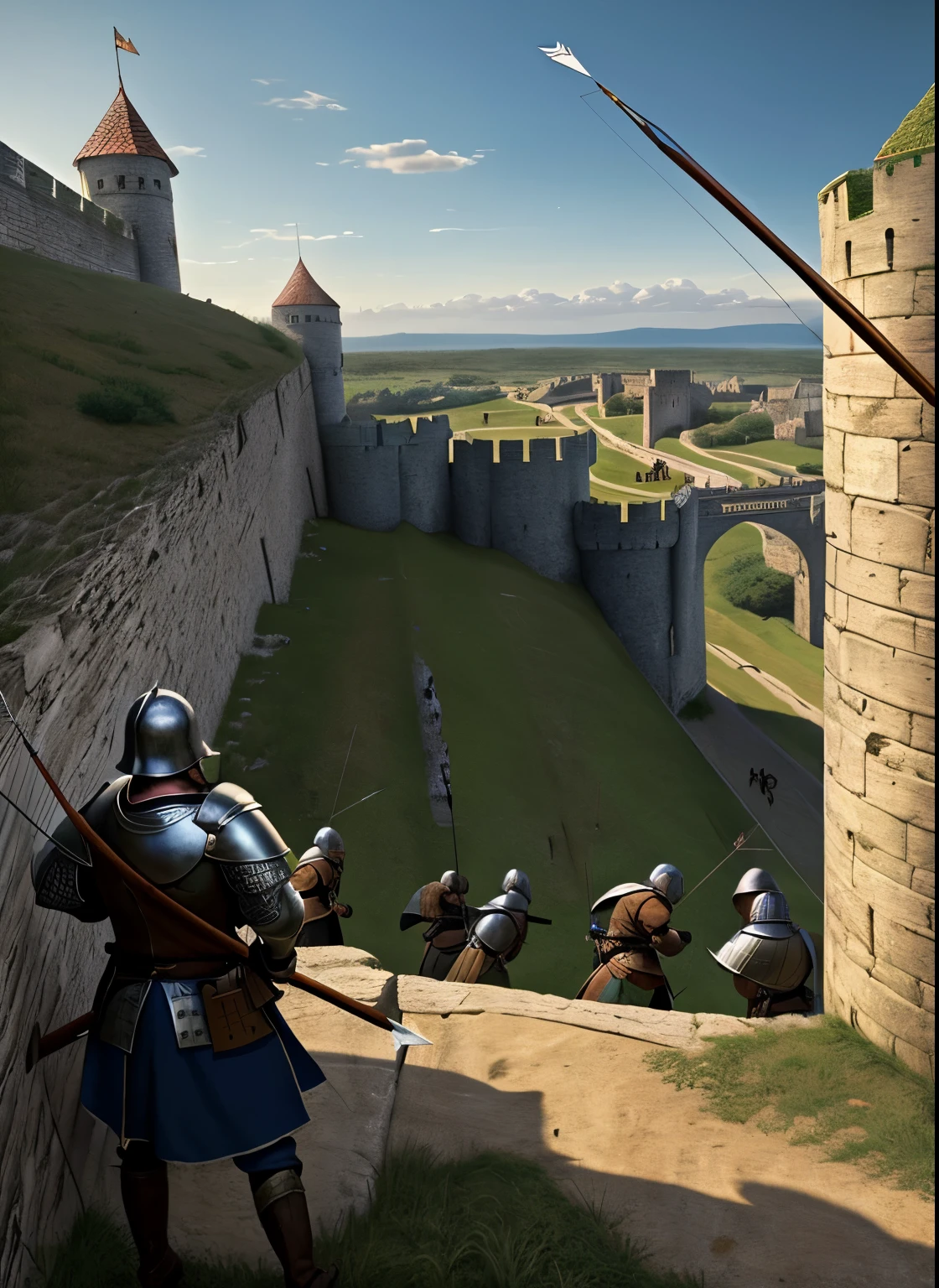 Masterpiece, ultra detailed, best quality, 8k, !(medieval army besieging a fortress, men at arms with armor, archers, siege towers and catapults, on top of the walls archers defend themselves by launching arrows)