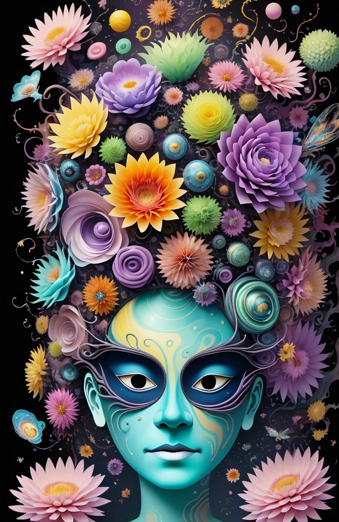 3d mask with various ordinary objects on it,spiky blonde hair,texture, complicated, Dreams bloom like flowers，ayahuasca，old tree，bubble，small fish，Gorgeous, shadow, pastel colors, 3d, mask, Very detailed, Deco, tim burton, salvador dali, Cheng Xiaolong, Cyril Rolando, inspired by J. d. lasso, 3d stereoscopic，pop color style, Portrait photo surrounded by orbiting planetary satellites, green hair spiky hair, make me jealous, Mark Leyden, Alberto Seveso, creek shade, Anna Dietman, Flora Bossi, 8k resolution, perfect composition, Milky Way, rainbow colors, flying insects, scales, wing, blue, texture, complicated, Gorgeous, shadow, pastel colors,mask， 3d, Very detailed, Deco, tim burton, Dale Chihuly, Xiaolongcheng, Cyril Rolando, by J. Jitter，flower sky，artwork，display stand，sculpture，Craftsmanship，artwork，