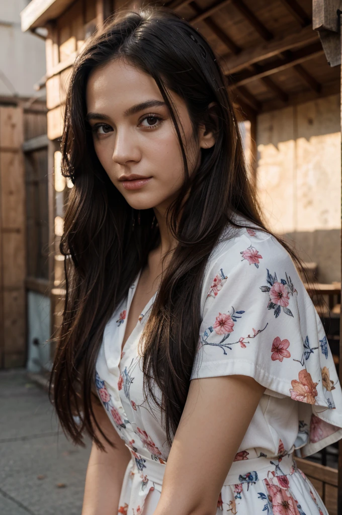 ((Best Quality, 8K, Masterpiece: 1.3)), 1girl, Slender Beauty: 1.3, (Long hair: 1.2), Floral dress, Long legs: 1.1, Super detailed face, detailed eyes, Dark eyelids, Outdoor