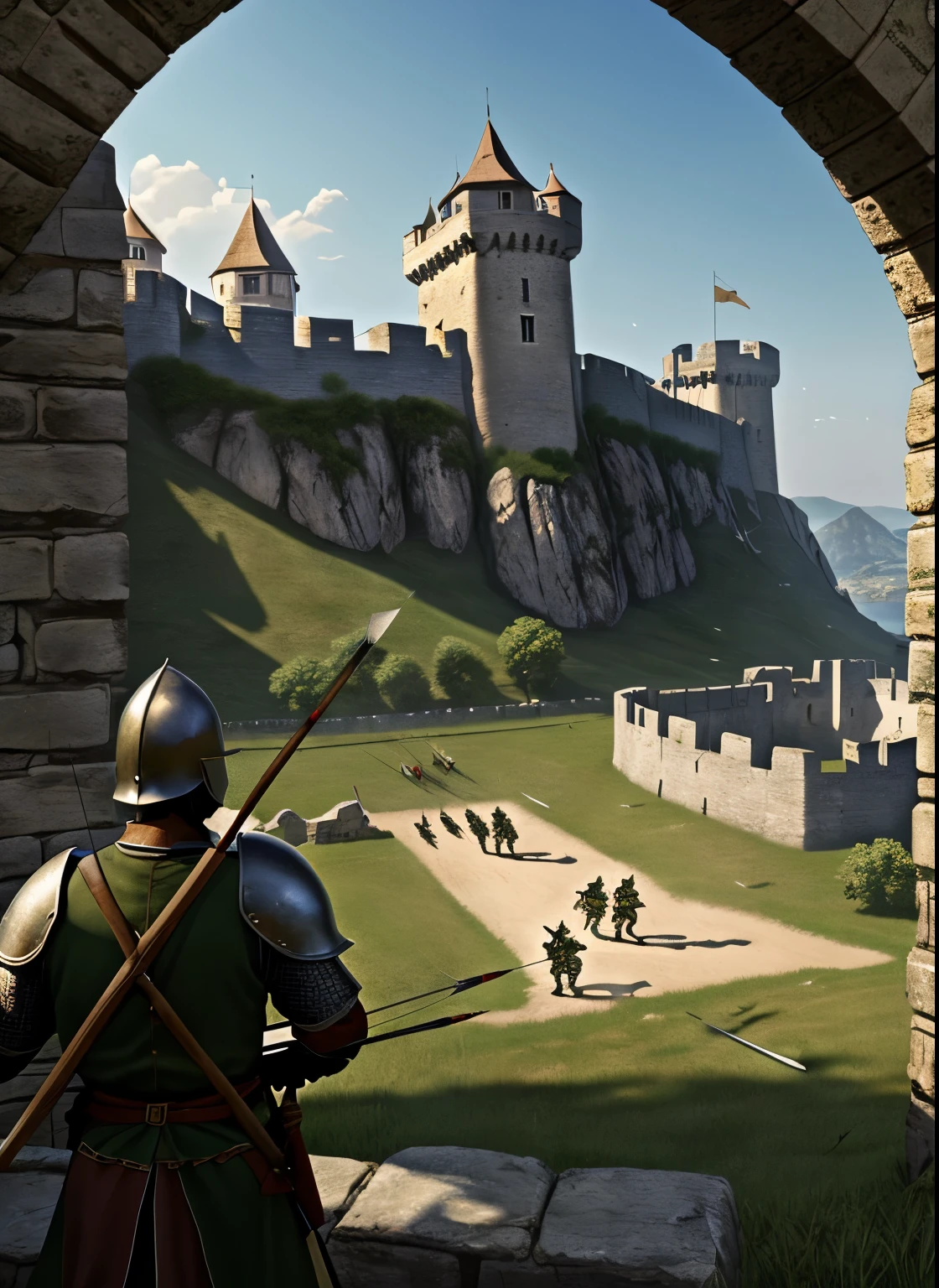 Masterpiece, ultra detailed, best quality, 8k, !(medieval army besieging a fortress, men at arms with armor, archers, siege towers and catapults, on top of the walls archers defend themselves by launching arrows)