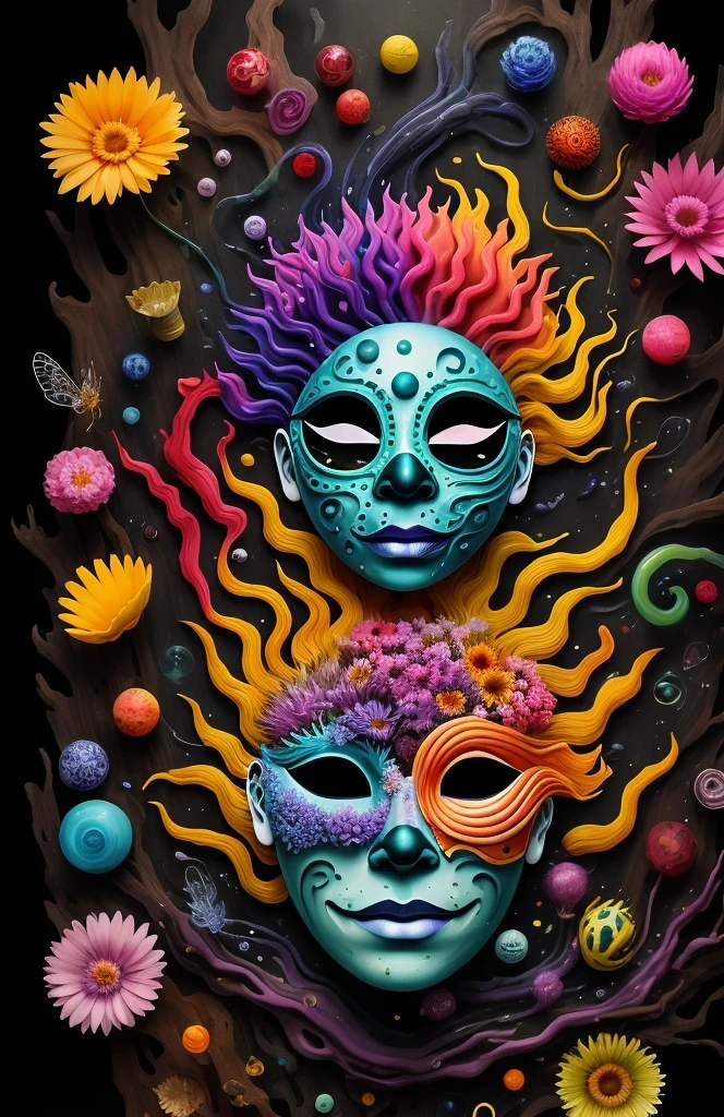 3d mask with various ordinary objects on it,spiky blonde hair,texture, complicated, Dreams bloom like flowers，ayahuasca，old tree，bubble，small fish，Gorgeous, shadow, pastel colors, 3d, mask, Very detailed, Deco, tim burton, salvador dali, Cheng Xiaolong, Cyril Rolando, inspired by J. d. lasso, 3d stereoscopic，pop color style, Portrait photo surrounded by orbiting planetary satellites, green hair spiky hair, make me jealous, Mark Leyden, Alberto Seveso, creek shade, Anna Dietman, Flora Bossi, 8k resolution, perfect composition, Milky Way, rainbow colors, flying insects, scales, wing, blue, texture, complicated, Gorgeous, shadow, pastel colors,mask， 3d, Very detailed, Deco, tim burton, Dale Chihuly, Xiaolongcheng, Cyril Rolando, by J. Jitter，flower sky，artwork，display stand，sculpture，Craftsmanship，artwork，