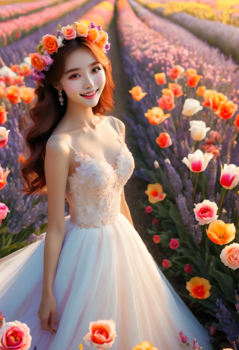 （best quality，4k，8k，high resolution，masterpiece：1.2），super detailed，（lifelike，photorealism，photorealismism：1.37），Colorful flower field，Beautiful girl in wedding dress，dreamlike atmosphere，sweet and happy，soft sunshine，bright colors，Quiet and peaceful，happy expression，romantic scene。Lavender，tulip，roses waiting to begin 
