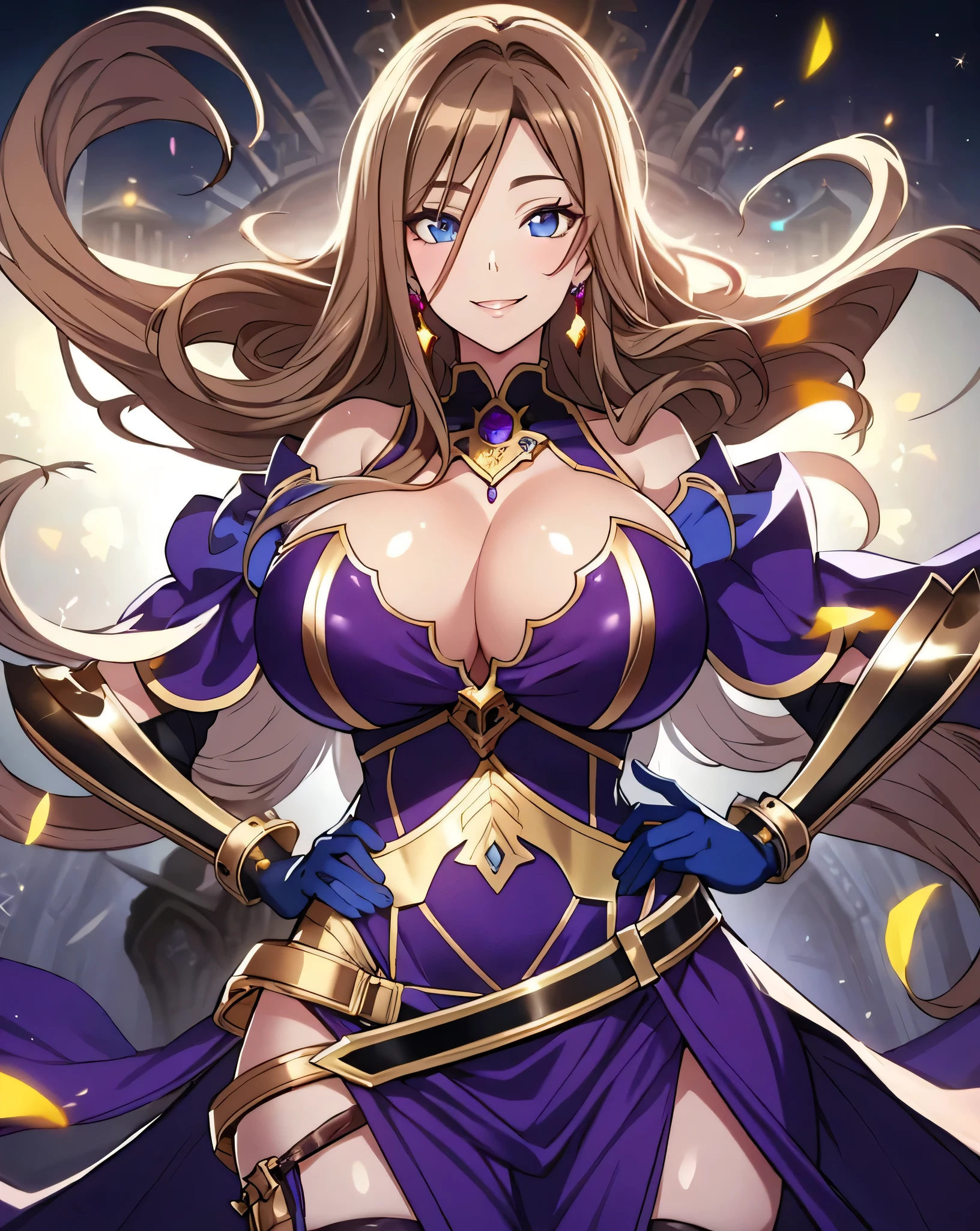 Lian, light brown hair, hair stick, bangs, blue eyes, solo, smiling, standing, upper body, hips, bare shoulders,purple thighhighs, violet dress, gold jewelry,armor,gloves,circlet, cleavage, red and gold royal castle, gigantic breasts, (best quality, masterpiece, beautiful and aesthetic:1.2, highest detailed face, perfect face,) eyes, perfect face,expressive eyes,
looking at viewer, in the center of the image,(Upper_body),(Focus on her face),
official art,extremely detailed CG unity 8k wallpaper, perfect lighting,Colorful, Bright_Front_face_Lighting,shiny skin,
(masterpiece:1.0),(best_quality:1.0), ultra high res,4K,ultra-detailed