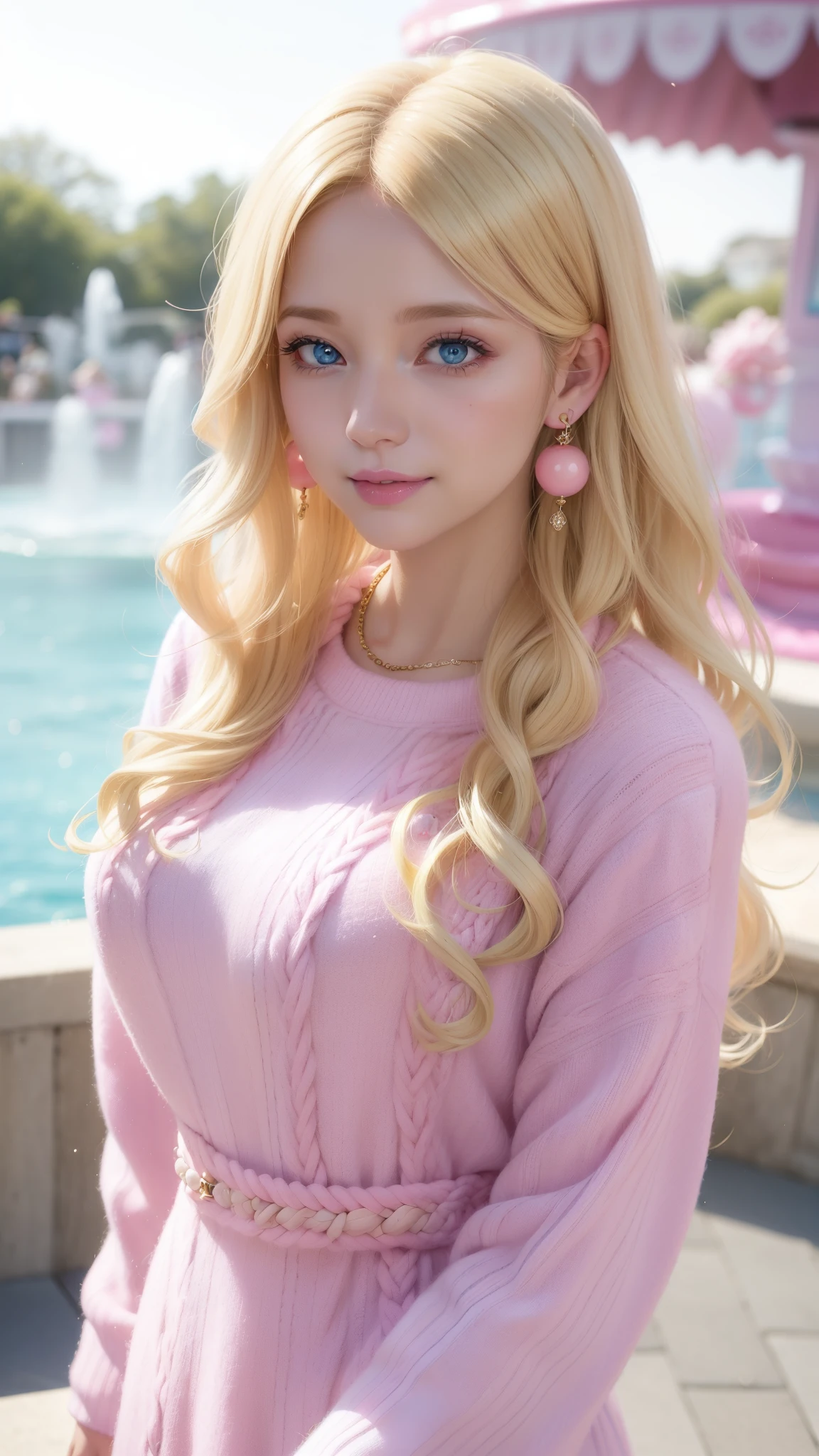 Female((35year old)), hair((wavy, blonde)), eyes((smart eyes, blue eyes)), clothes((wool, pink, pink)), accessories ((hair ornaments)), big , korean make-up look, smiling, amusement park, fountain,