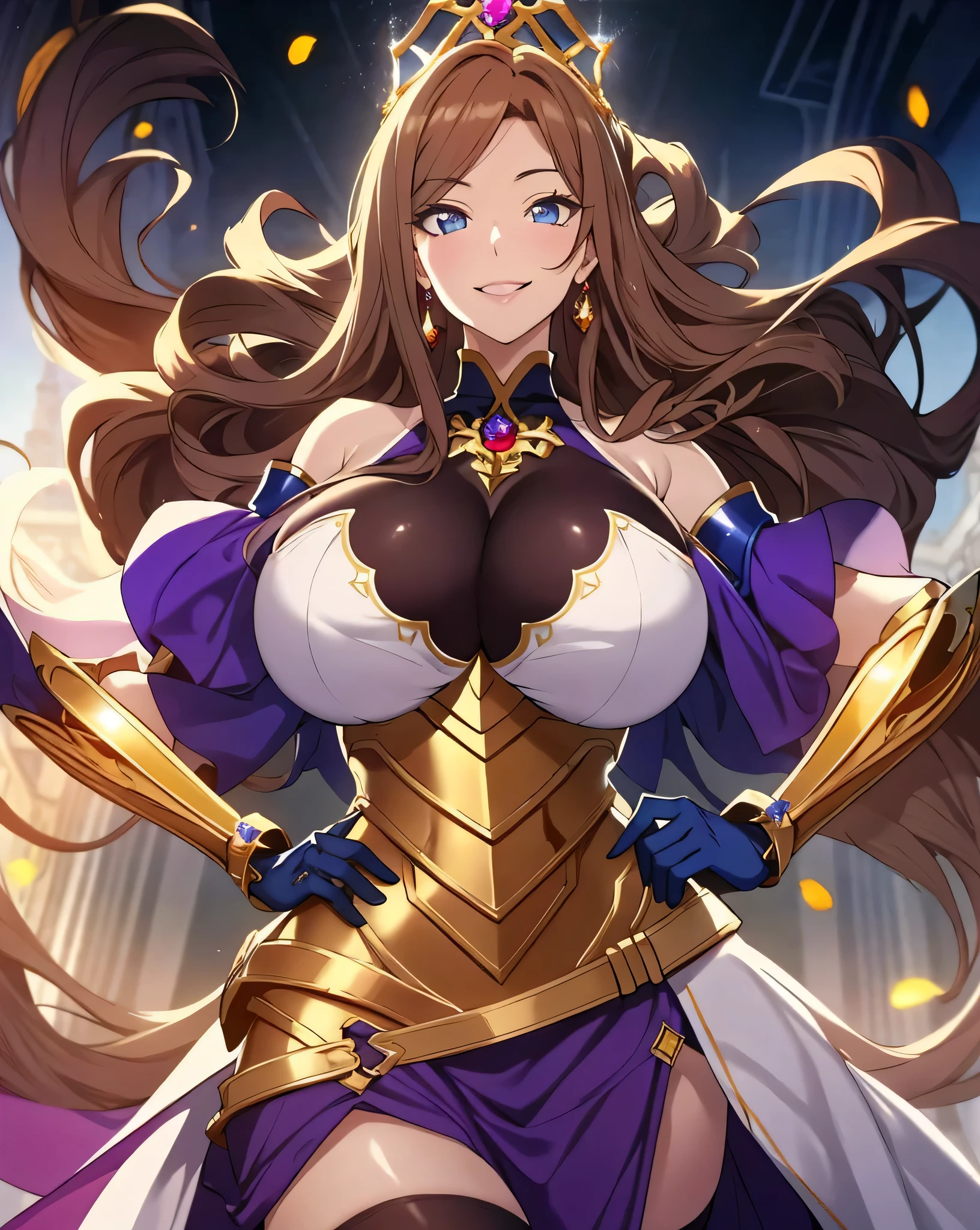 Lian, light brown hair, hair stick, bangs, blue eyes, solo, smiling, standing, upper body, hips, bare shoulders,purple thighhighs, violet dress, gold jewelry,armor,gloves,circlet, cleavage, red and gold royal castle, gigantic breasts, (best quality, masterpiece, beautiful and aesthetic:1.2, highest detailed face, perfect face,)  eyes, perfect face,expressive eyes,
looking at viewer, in the center of the image,(Upper_body),(Focus on her face),
official art,extremely detailed CG unity 8k wallpaper, perfect lighting,Colorful, Bright_Front_face_Lighting,shiny skin, 
(masterpiece:1.0),(best_quality:1.0), ultra high res,4K,ultra-detailed
