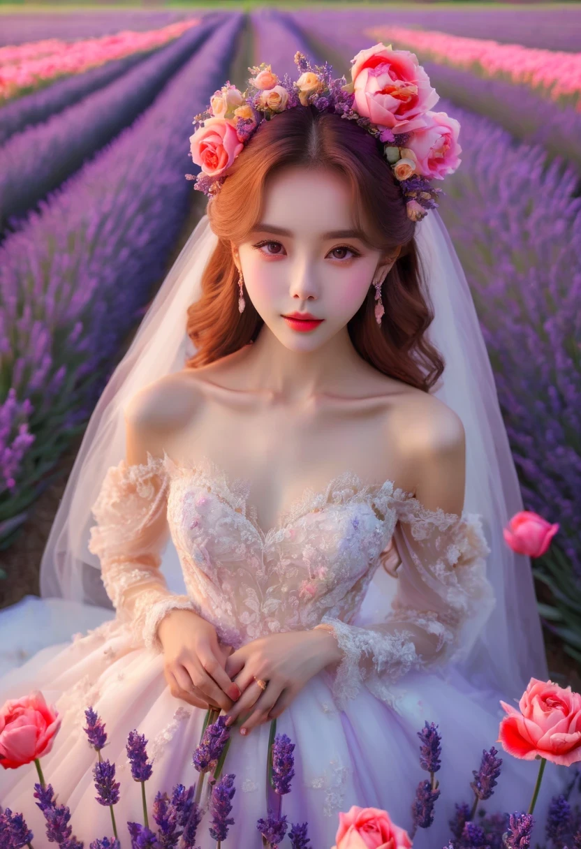 （best quality，4k，8k，high resolution，masterpiece：1.2），super detailed，lifelike，lavender field，dreamlike，tulip，Rose，Girl in wedding dress，Romantic，bright colors，soft light。