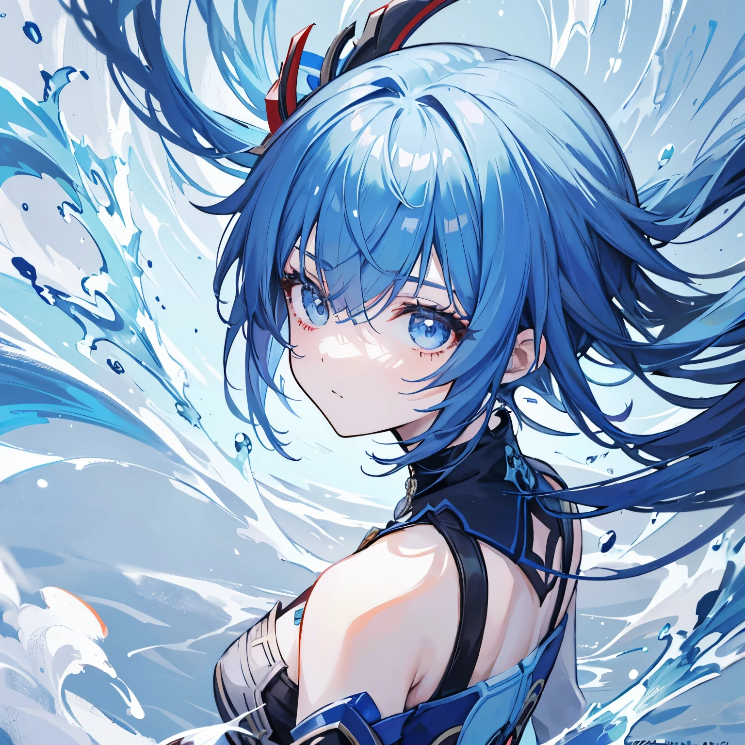 a short girl from the Genshin Impact universe lives in a hot country and has the power of water, Her hair is blue, blue and gray. the hairstyle is unusual 