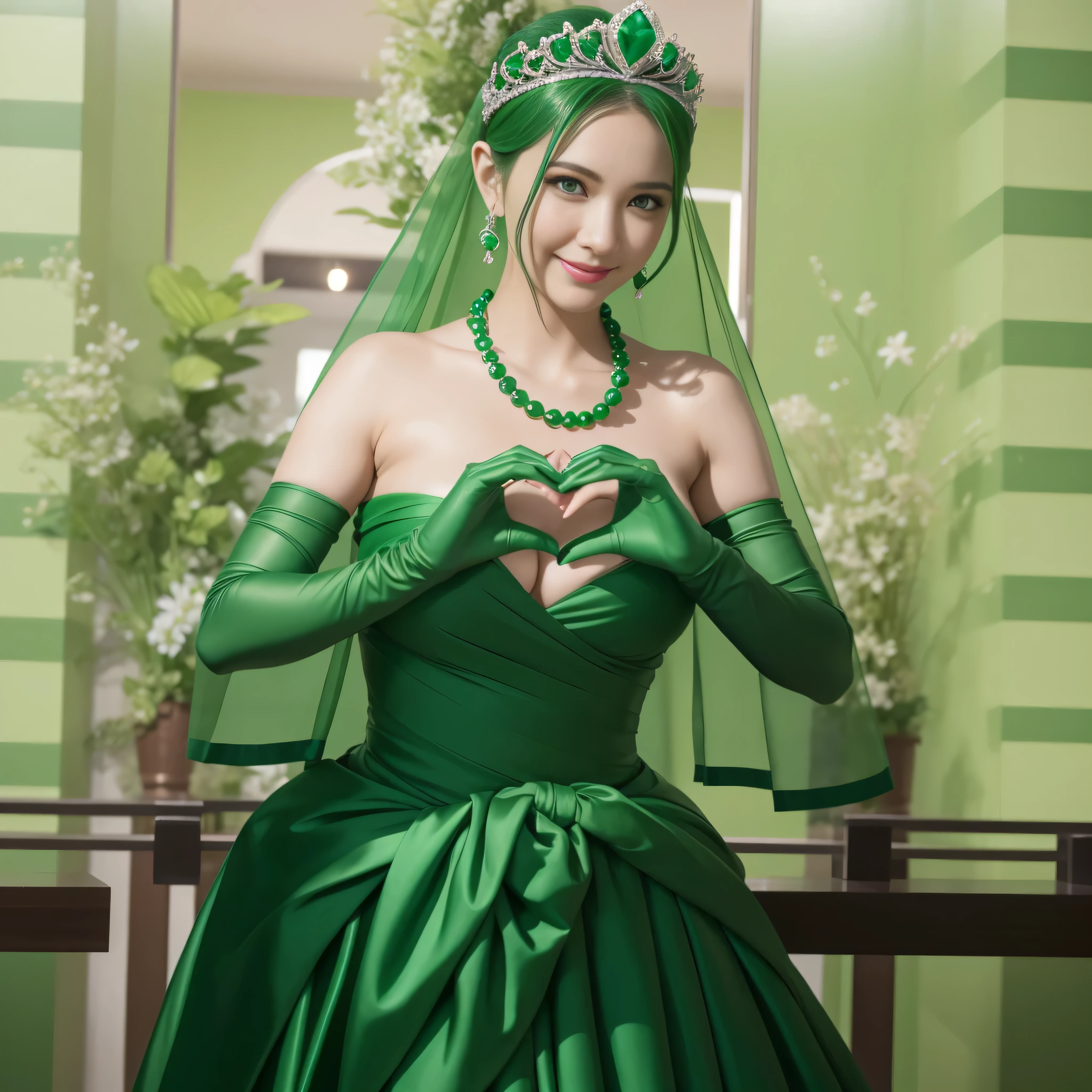 emerald tiara, Green Pearl Necklace, ボーイッシュな非常に短いgreen hair, green lips, smiling Japanese woman, very short hair,  Beautiful woman with big breasts, green eyes, green satin long gloves, green eyes, emerald earrings, Green veil, Heart with both hands, green hair, beautiful japanese woman, heart shaped hands:1.3, green lip gloss