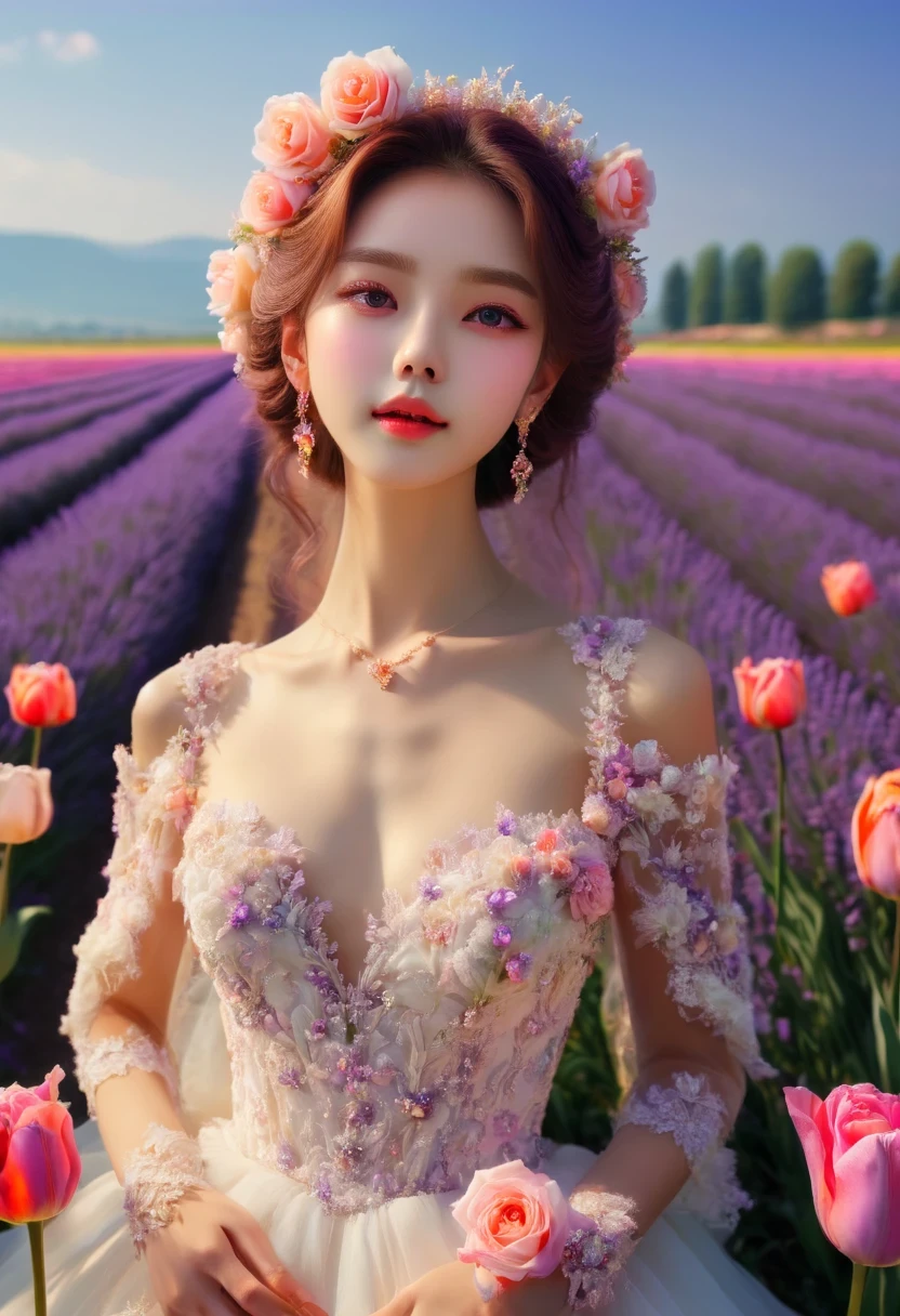 (best quality,4K,8k,high resolution,masterpiece:1.2),very detailed,lifelike,lavender field,dreamlike,tulip,rose,Girl in a wedding dress,romantic,bright colors,soft light。