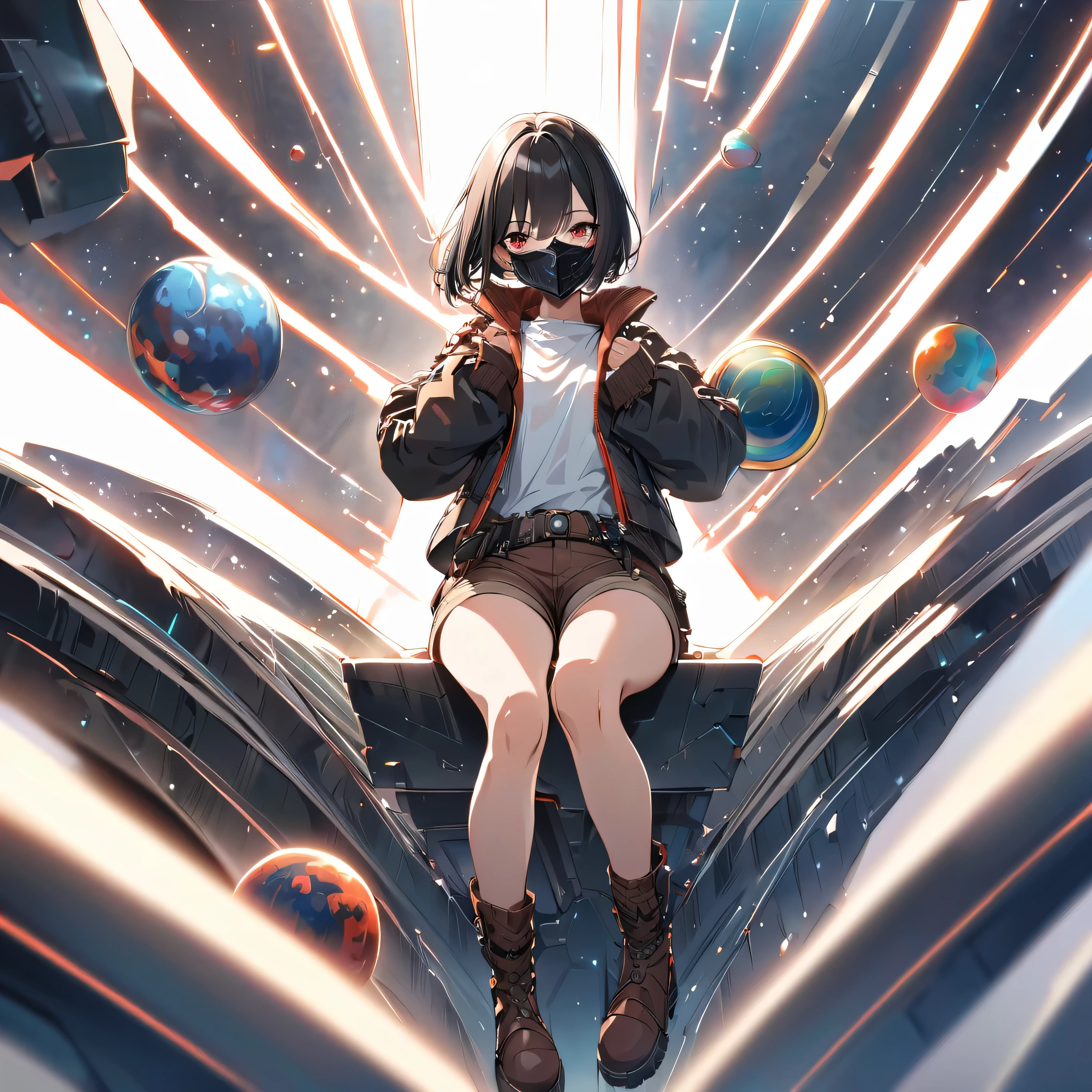 (ultra details, high details, best quality, detailed stars, detailed face, detailed mask, detailed jacket, detailed planets) 1 teenage girl, black hair, bobhaircut, red eyes, black leather jacket, white tshirt, anime, black mouth mask, brown Jean shorts, brown boot, sitting on a glowing white god like powered square, in the middle of the black empty space, illustration, anime