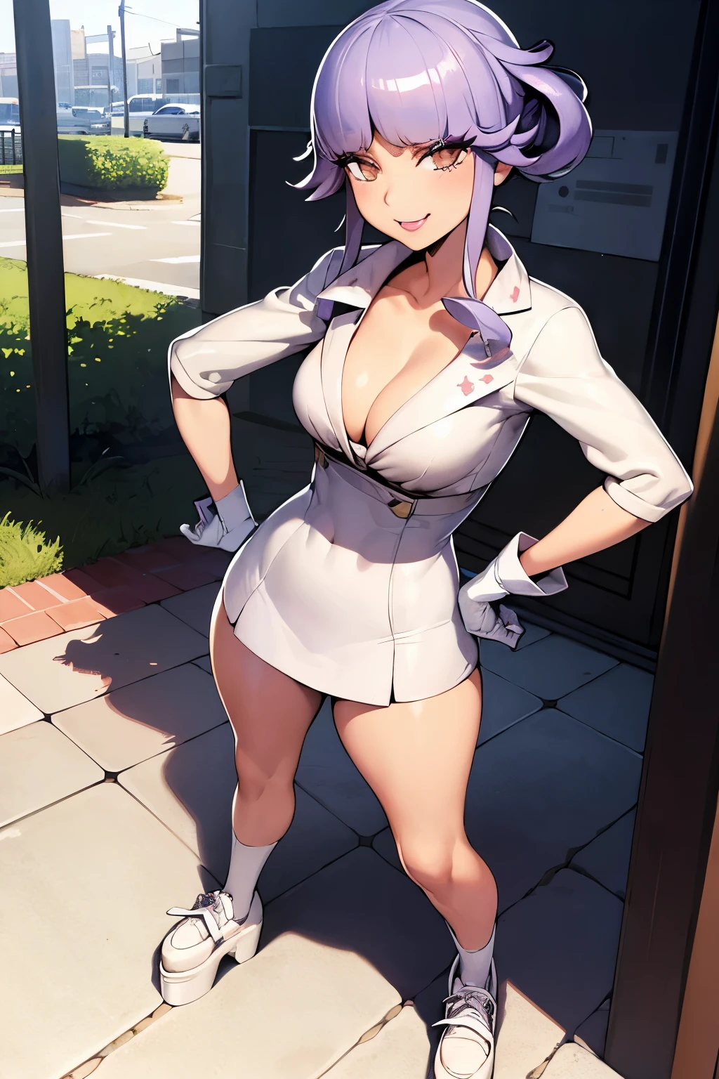 masutepiece, Best Quality, absurderes, Perfect Anatomy, 1girl in, Solo, Tulip, brown eyes, Violet hair, white jacket, white cyberpunk clothes, violet gloves, platform school shoes, white shoes Standing, Hands on hips, Smile, city scene, Data Stream.