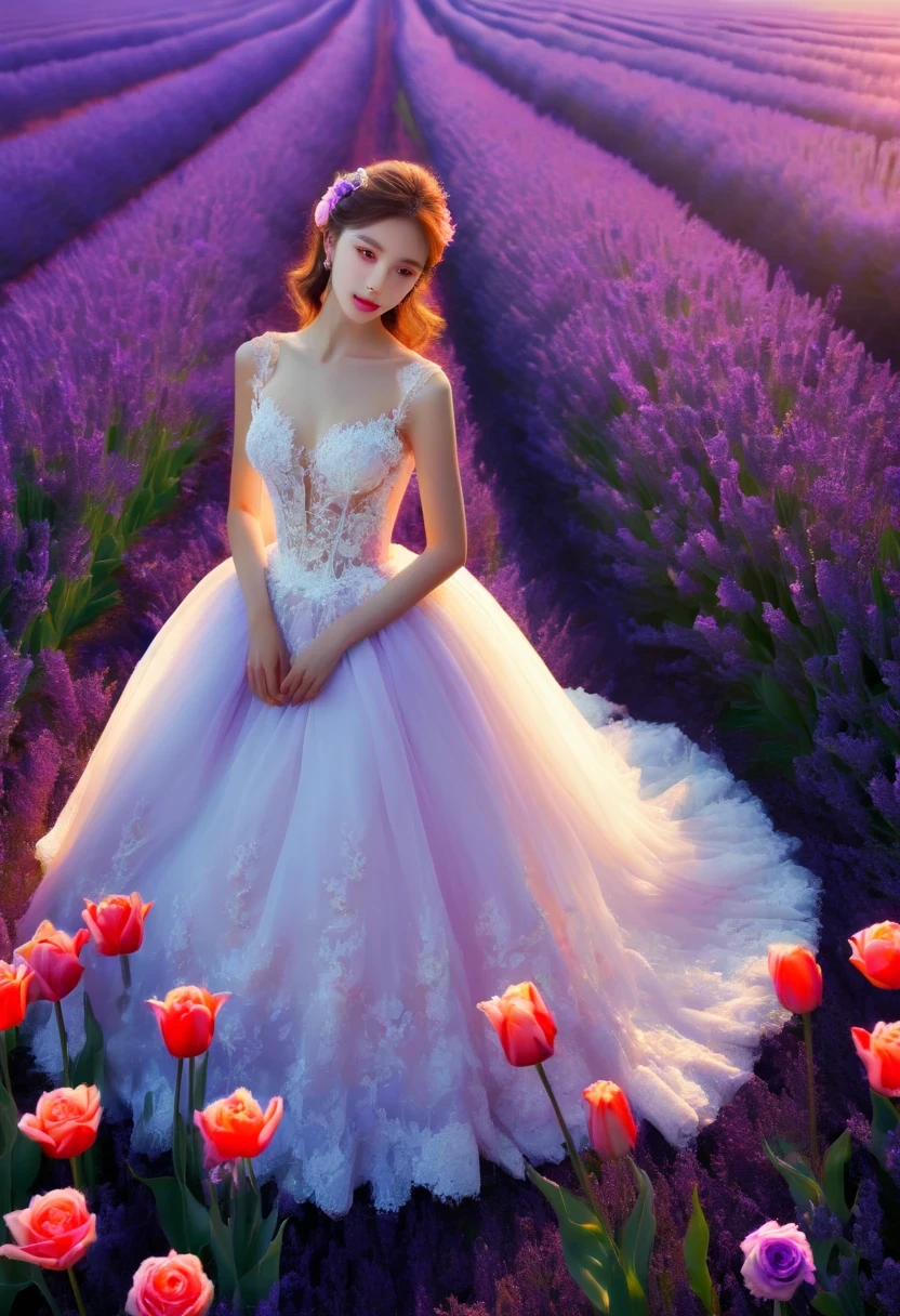 （best quality，4k，8k，high resolution，masterpiece：1.2），super detailed，lifelike，lavender field，dreamlike，tulip，Rose，Girl in wedding dress，Romantic，bright colors，soft light。